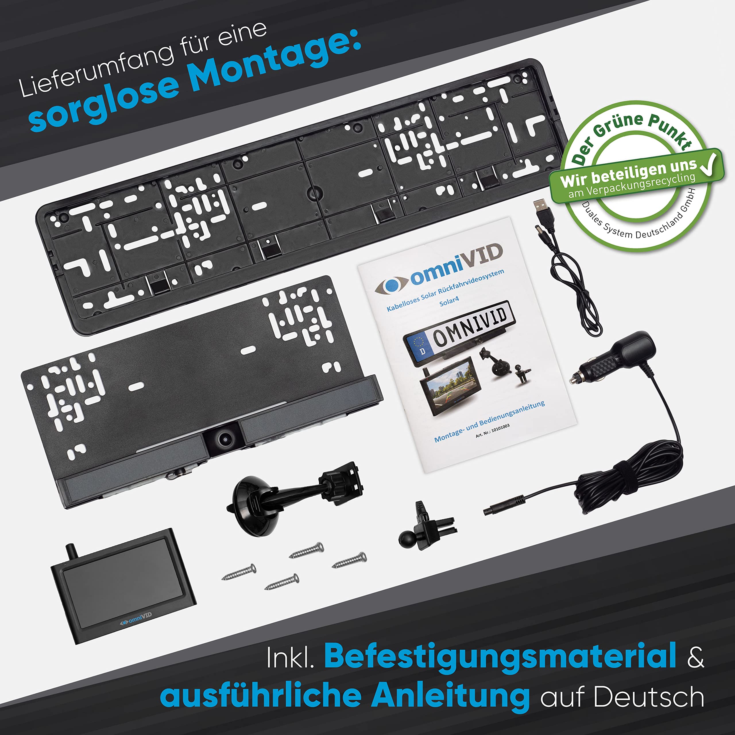 omniVID® Solar4 Premium Solar Rückfahrkamera-System, Kabellos mit 4,3 Zoll Monitor u. solarbetriebender Kamera zum Nachrüsten, Montage ohne Bohren, IP67 wasserdicht, Funk Einparkhilfe hinten o. vorne | Kabellos mit solarbetriebener Kamera, ohne Bohren nac