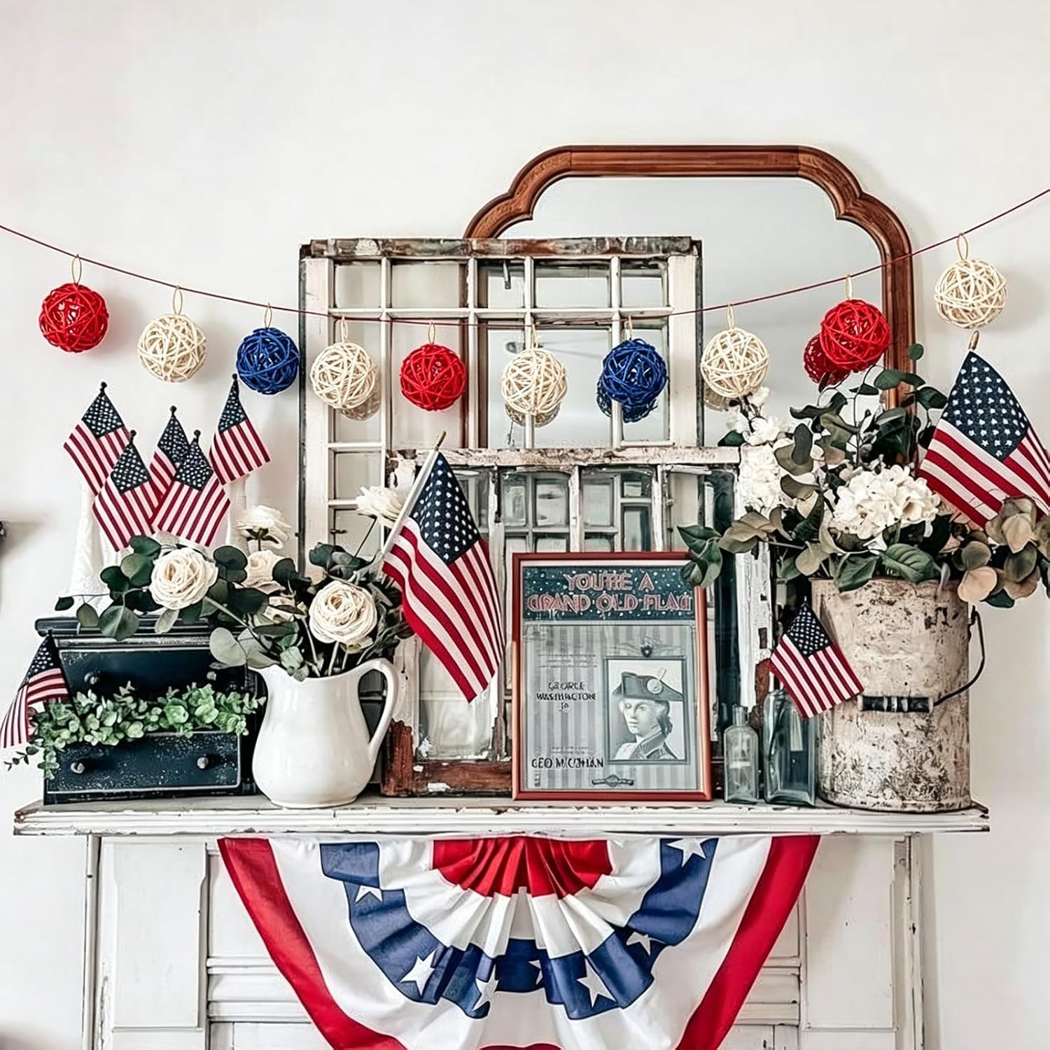 12Pcs 4th of July Rattan Balls Decorations, Red White Blue Woven Balls Ornaments for Patriotic Independence Day Home Party Vase Filler Decor