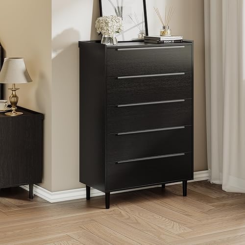 Miniatura 8 de Cómoda moderna y minimalista de 46 pulgadas de alto para dormitorio, armario grande de almacenamiento de 6 cajones con elegantes asas de metal,