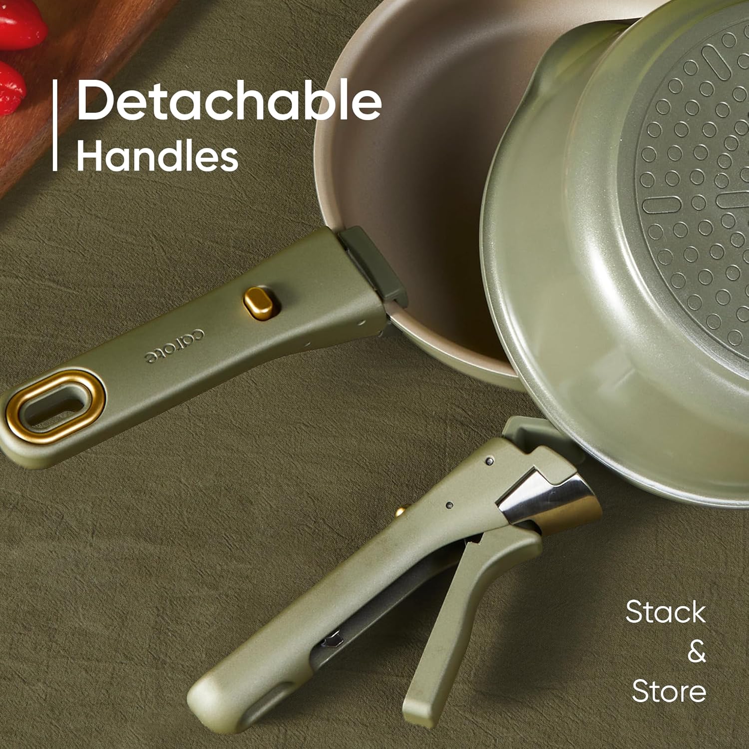 CAROTE 19Pcs Titanium Reinforced Nonstick Pots and Pans Set, Nonstick Cookware Set with Detachable Handle, Gold-Trimmed Cookware Sets, Removable Handles, Induction, Dishwasher Safe, Oven Safe, Green