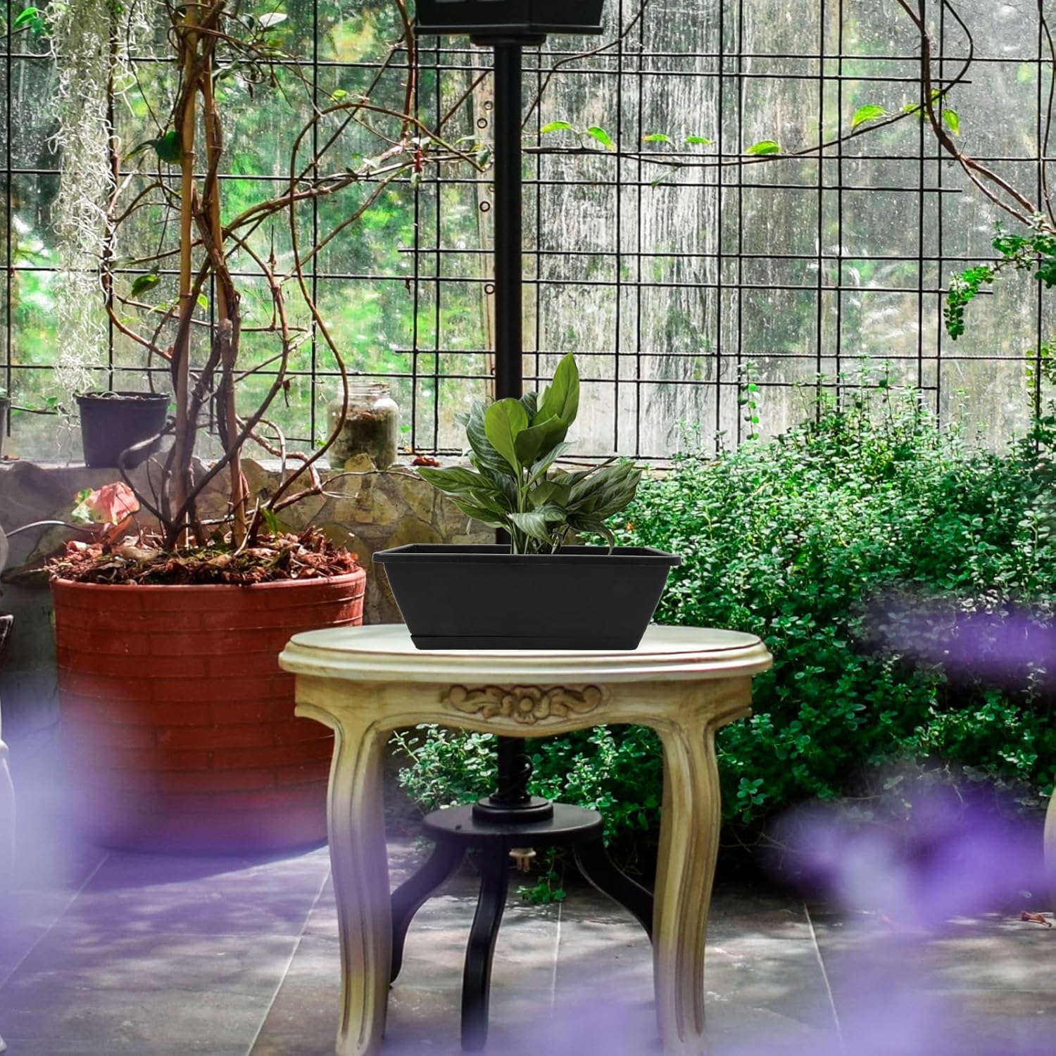 Large Rectangular Vegetable Planter Box with Tray 4pcs Deep Gray Window Flower Planting Holder for Outdoor Balcony Gardening and Herb Growing