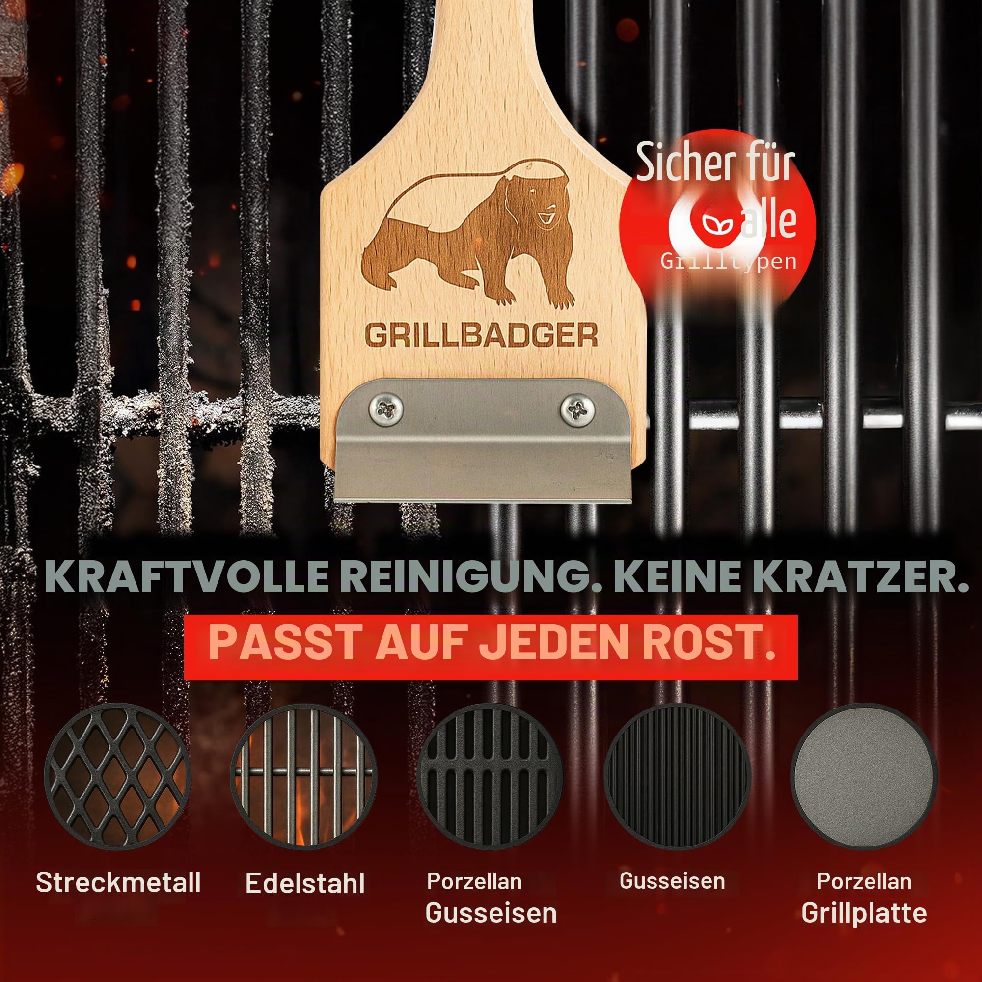 The Original Grillbürste für Grillroste im Freien, hitzebeständige Grill-Reinigungsbürste, langlebiger Grillreiniger aus Holz mit Schaber, sicher für Gusseisenroste – Naturholz