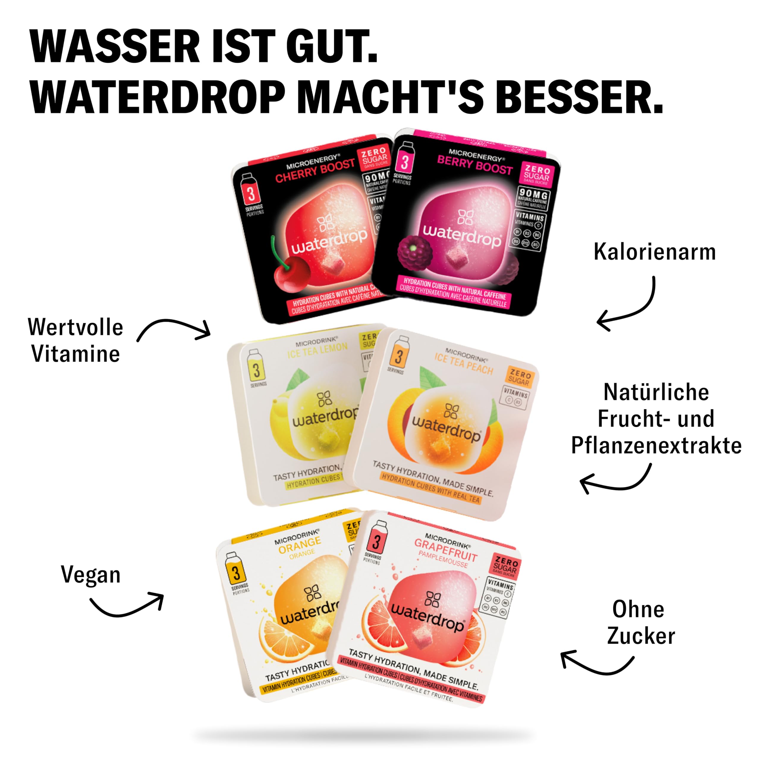 waterdrop® Flasche aus Glas 600ml inkl. 18 zuckerfreie Drops - Geschenk für Frauen - Probierpaket mit Wasserflasche, Flavor Drops & Vitaminen - auslaufsichere Trinkflasche & Kohlensäure geeignet