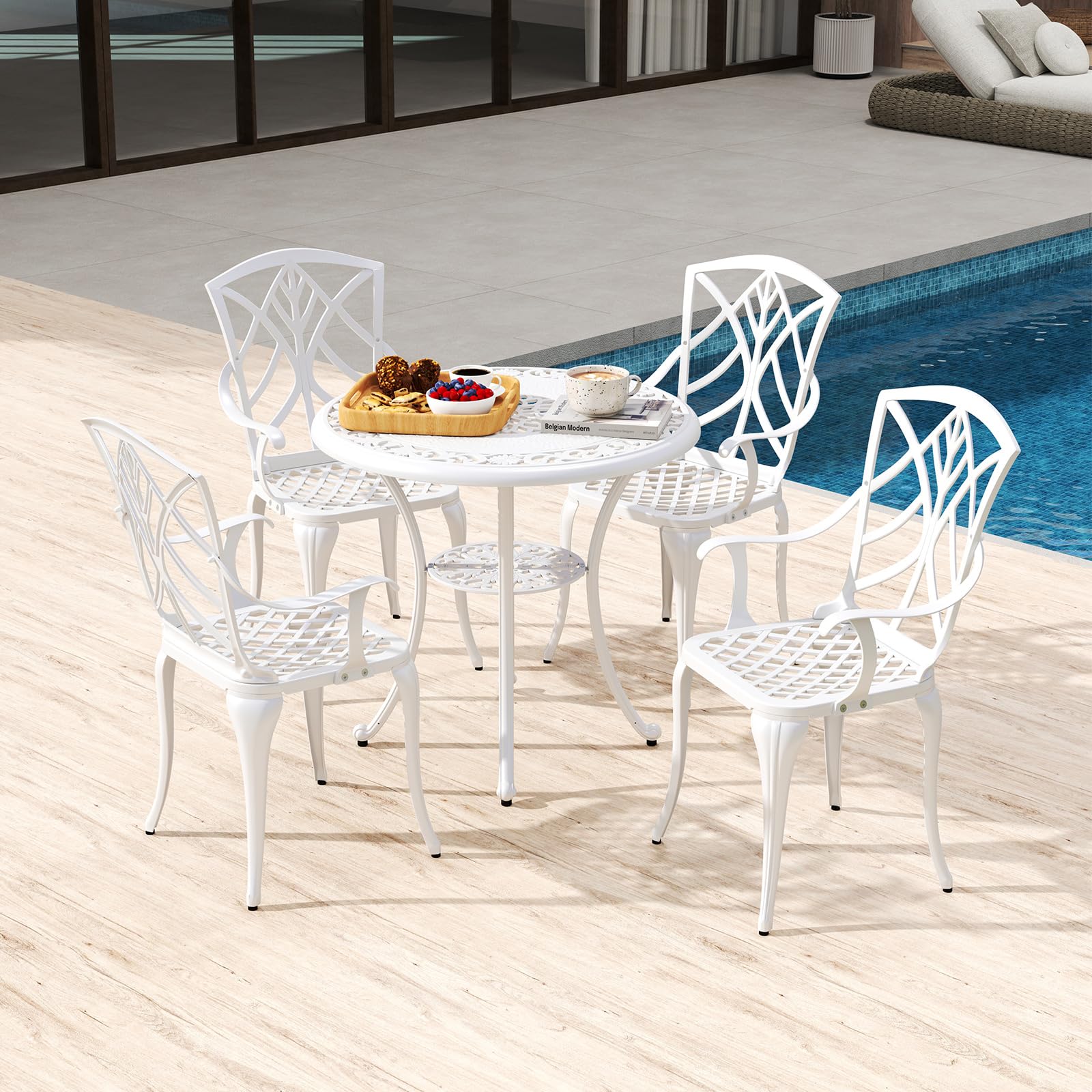 COSTWAY Mesa y Sillas Bistro, Aluminio Fundido, 1 Mesa con Orificio para Sombrilla y 4 Sillas, Conjunto Mesa y Sillas Jardin Balcon Terraza (Floral)
