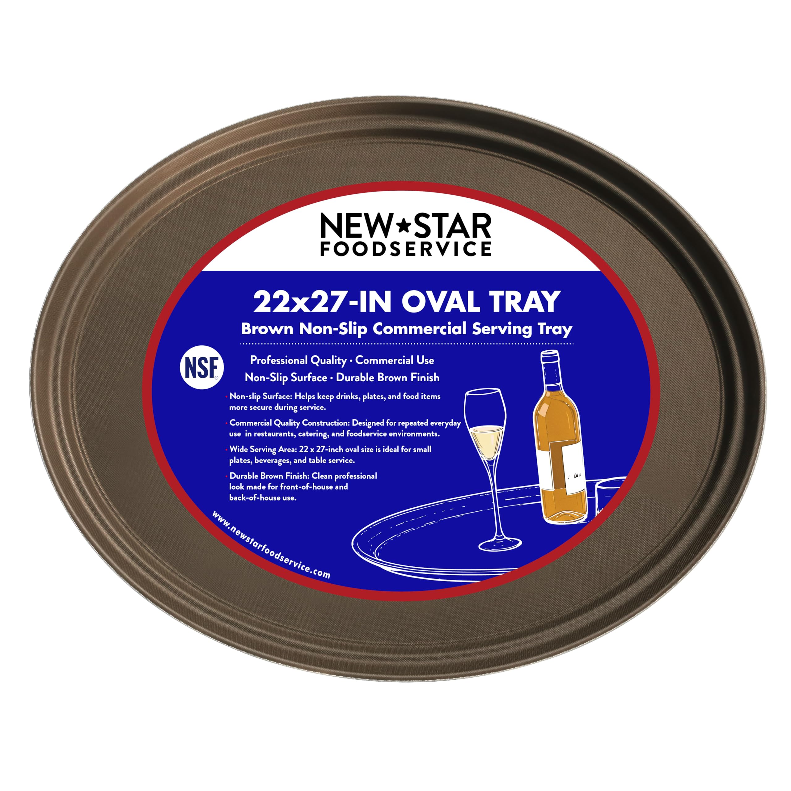 New Star Foodservice Brown 25545 Restaurant Grade Non-Slip Tray, Plastic, Rubber Lined, Oval, 22" X 27" Inch,