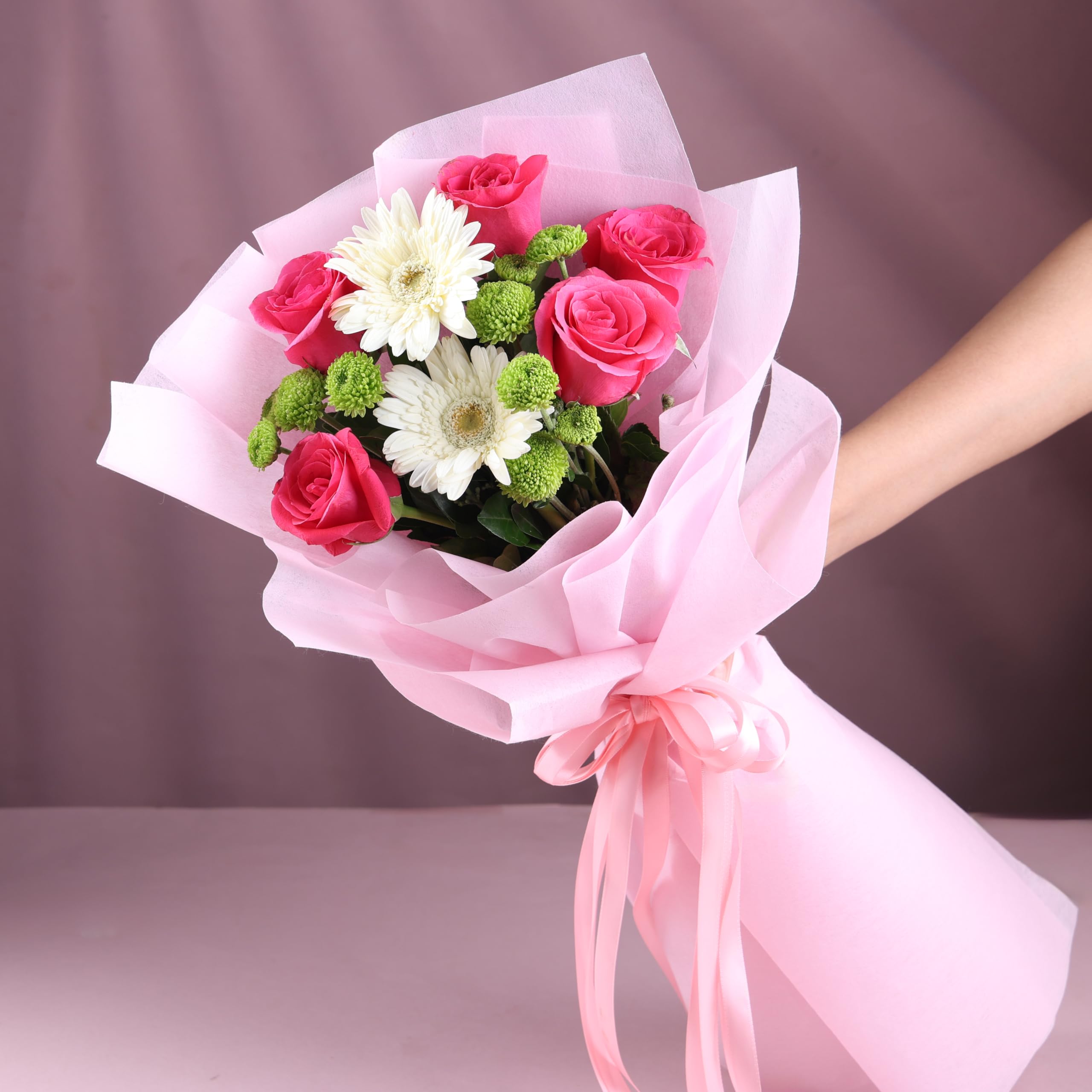 FlowerAura Premium Fresh Live Flower Bouquet of 5 Roses, 2 Gerbera & 1 Daisy In Non Woven Paper Gift For Birthday | Anniversary | Romantic Surprise | Rose Day | Valentine's Day (Same Day Delivery)-image-14