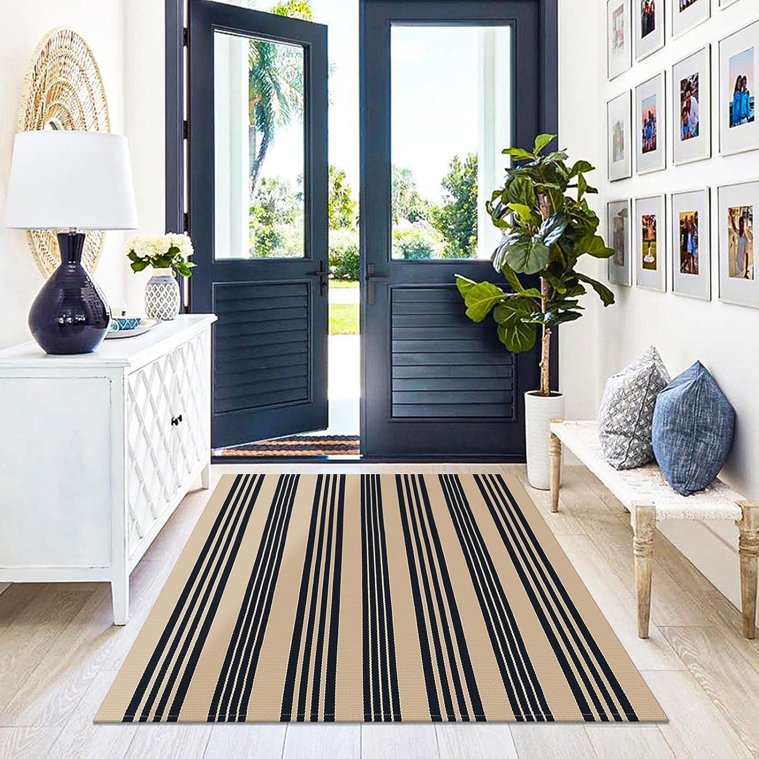 KILOCOCO Brown Striped Rug 4x6 Indoor Outdoor Rugs Hand Woven Cotton Washable Striped Layered Area Rug for Porch Kitchen Farmhouse Entryway Patio Living Room