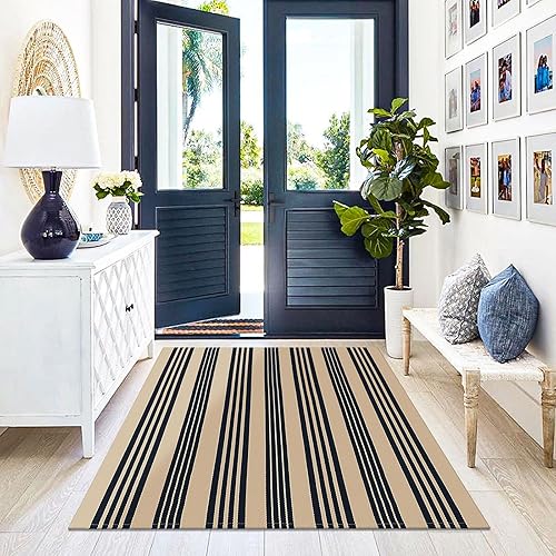 Vista 116 de KILOCOCO Alfombra de rayas beige de 2.3 x 3.6 pies para interiores y exteriores, alfombra tejida a mano de algodón lavable a rayas para puerta Rayas
