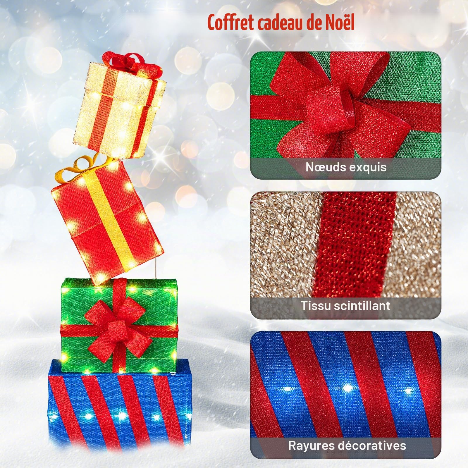 GOPLUS 120 cm Boîtes Cadeaux Noel Lumineuses, Décorations Noël Interieur Exterieur avec 48 Lumières LED, Nœuds, Boîtes Cadeaux Empilées pour Cour, Porche, Jardin, Cheminée