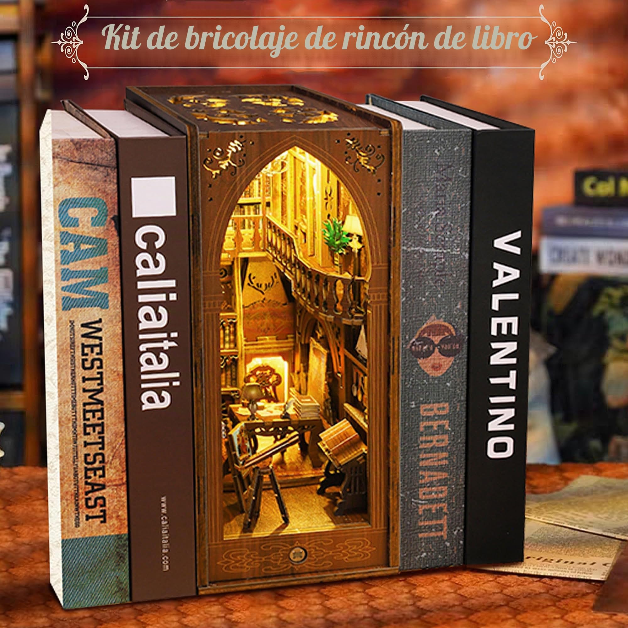 DIY Book Nook Kit, MOJINO Casa de muñecas en Miniatura de Madera con Muebles y Luces LED, Decoración Creativa de estanterías Cumpleaños niños y niñas