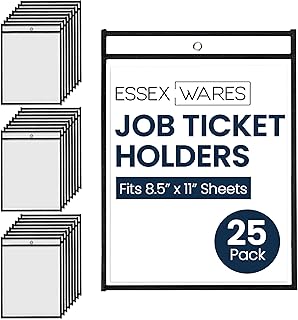 Essex Wares - 25 Pack, Black, Job Ticket Holders, 10" Wide x 13.5" Tall - Clear Plastic Shop Ticket Holders - Easy to Use, Reusable & Easy Erase Plastic Invoice Holders, Water-Resistant & Durable