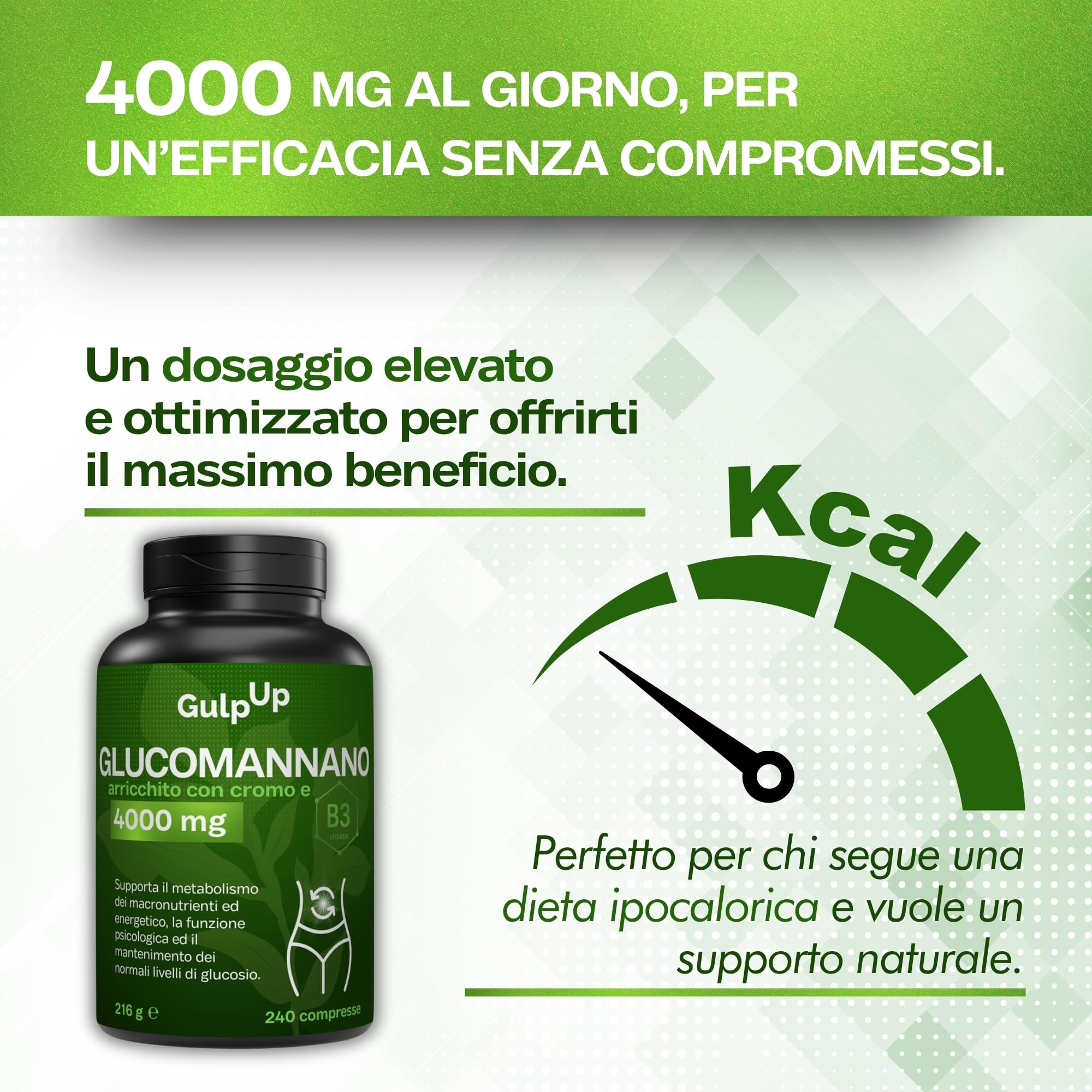 Glucomannano Purificato Forte 4.000MG 240 Compresse - Con Cromo e Vitamina B3 - Integratore Made in Italy - Favorisce il Senso di Sazietà