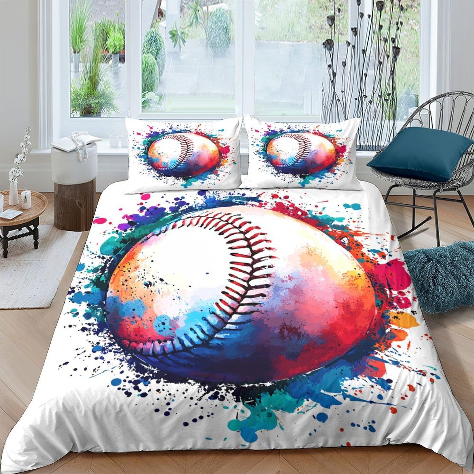 Ctjqhvkz Style-3 3D Printed Watercolor Baseball Fitted Sheet Microfiber Soft Non-Slip Bed Cover Splash Art For Bedroom Dorm Decor Single（135X200cm）