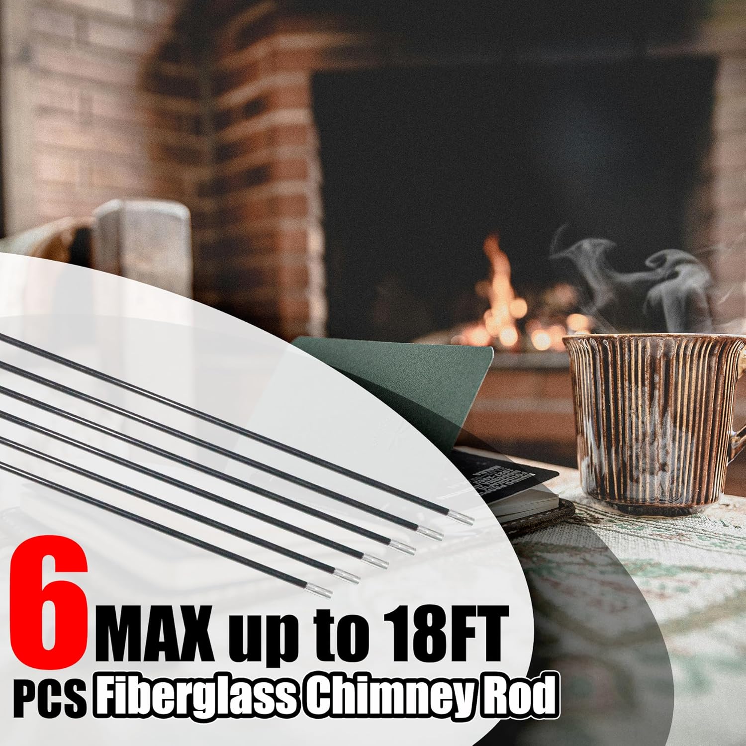 18FT Fiberglass Chimney Brush Rod Kit, 1/4" NPT Fittings Fireplace Brush Rod, 6pcs 3ft Fiberglass Rod Kit(Black)