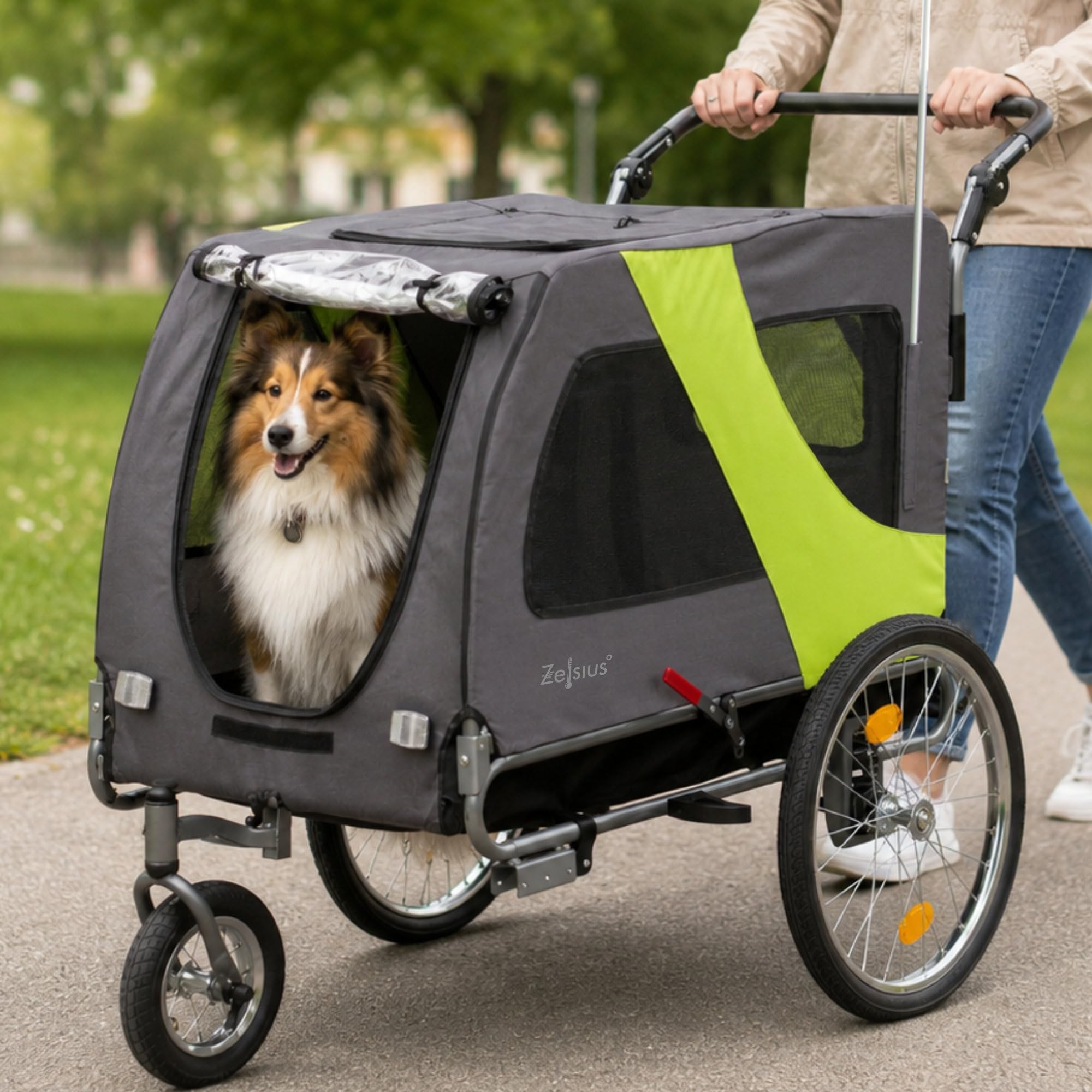 Zelsius 2 w 1 przyczepka rowerowa dla 2 psów, przyczepka rowerowa i wózek dla psów do 60 kg, 334 l, ciemnoszara, neonowa zieleń, wózek dla psów, przyczepka rowerowa, sprzęgł, wózek dla zwierząt
