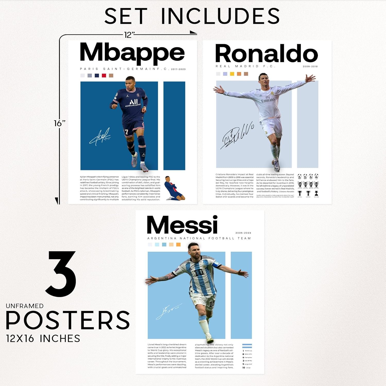 BigWig Prints Soccer Posters for Boys Bedroom - Soccer Player Posters, Decor for Boys Room, Lionel Messi Wall Decor, Cristiano Ronaldo, Mbappe Wall Art - Unframed Set of 3 (12x16”) - Image 2