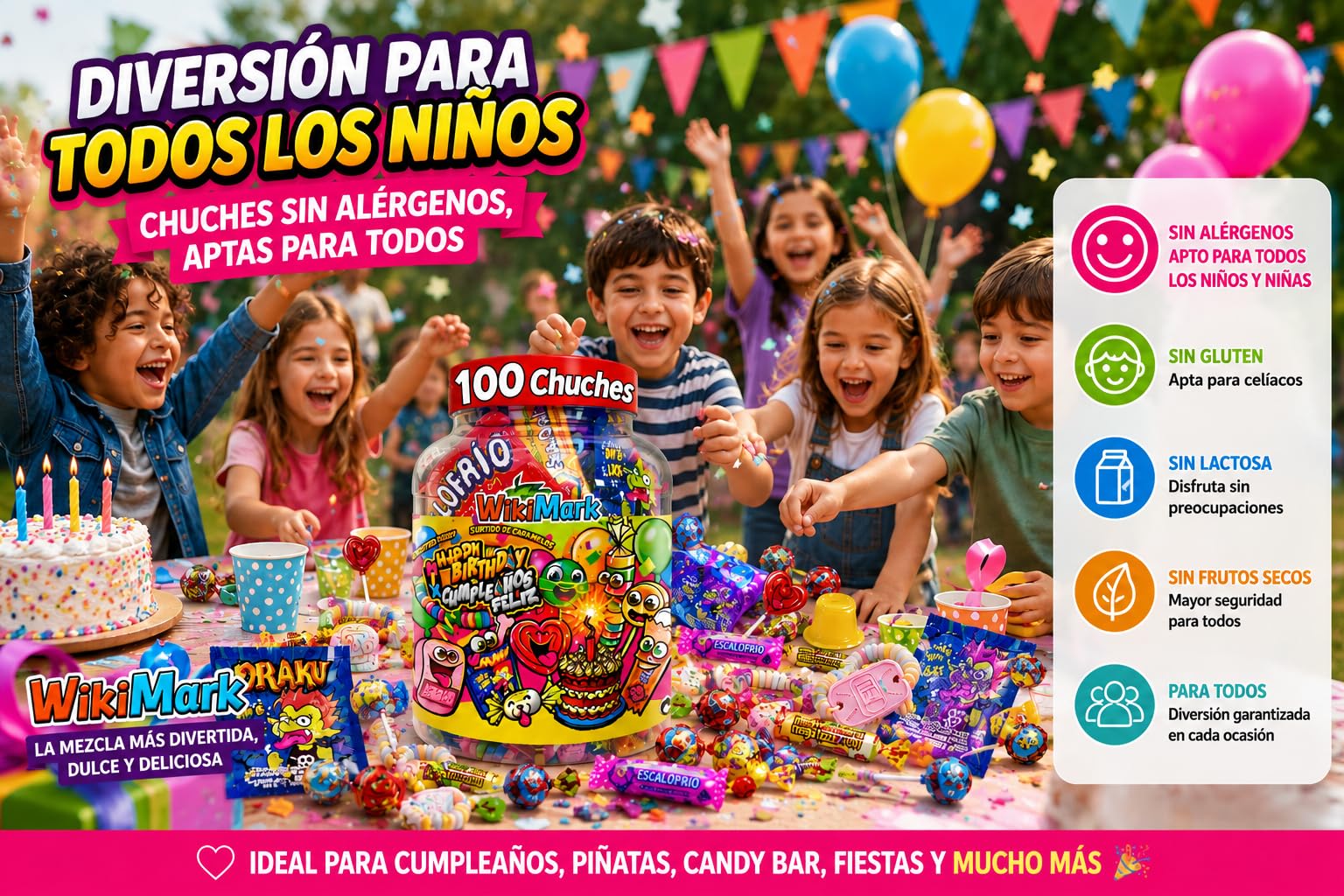 Bote 100 Chuches Surtidas para Cumpleaños y Piñatas | Caramelos Variados Infantiles | Golosinas para Fiestas, Candy Bar y Bolsas de Regalo | Mix Dulces Sin Gluten y Sin Leche