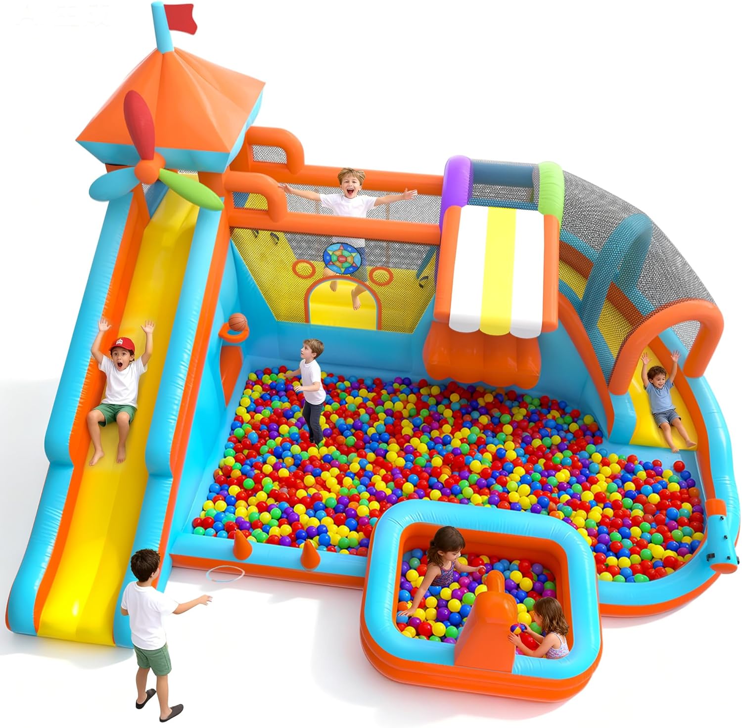 17.5×13 FT 12 in 1 Inflatable Bounce House for Kids with Double Slide, 750W Blower, Toy Stand, Jumping, Climbing Wall, Water Gun, Splash Pool, Tunnel, Basketball, Indoor, Outdoor (Orange)