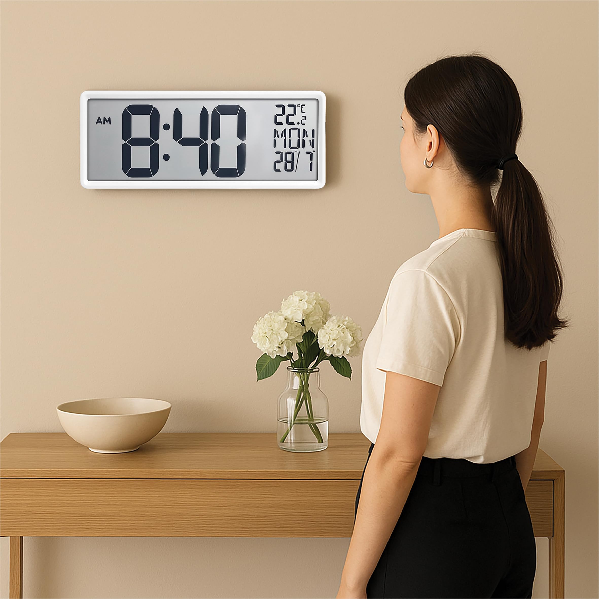 Bestfor Large Digit LCD Alarm Clock,Temperature, Day, Month, Wall Stand Mount, Silent Design for Seniors, Partial Sighted White