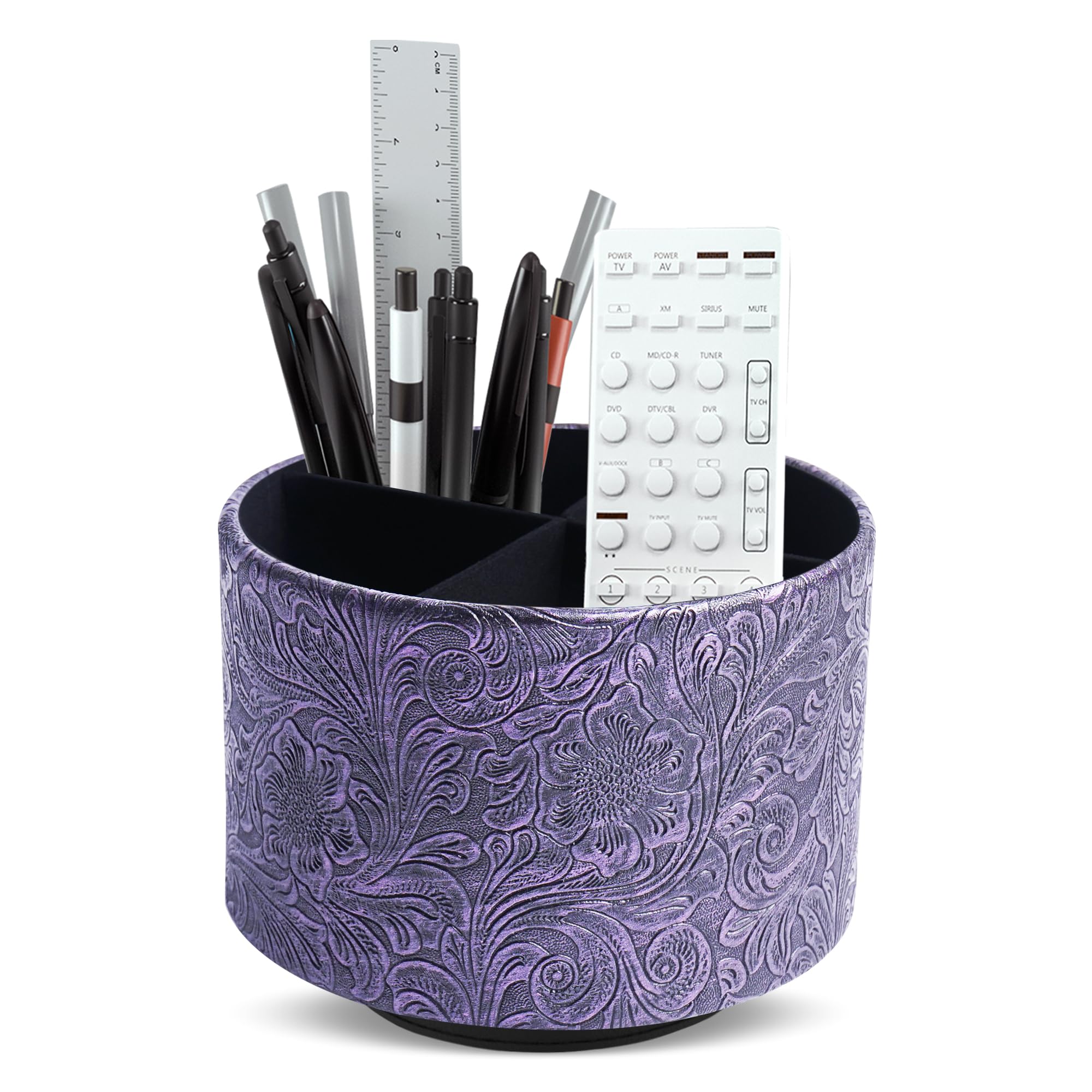 lizimandu Round Leather Art Supply Organizer,Remote Control Holder,360 Degree Spinning,Multi-Functional Pencil Holder,4 Compartments Desktop Stationary Organizer(1-Carved Metal Purple)