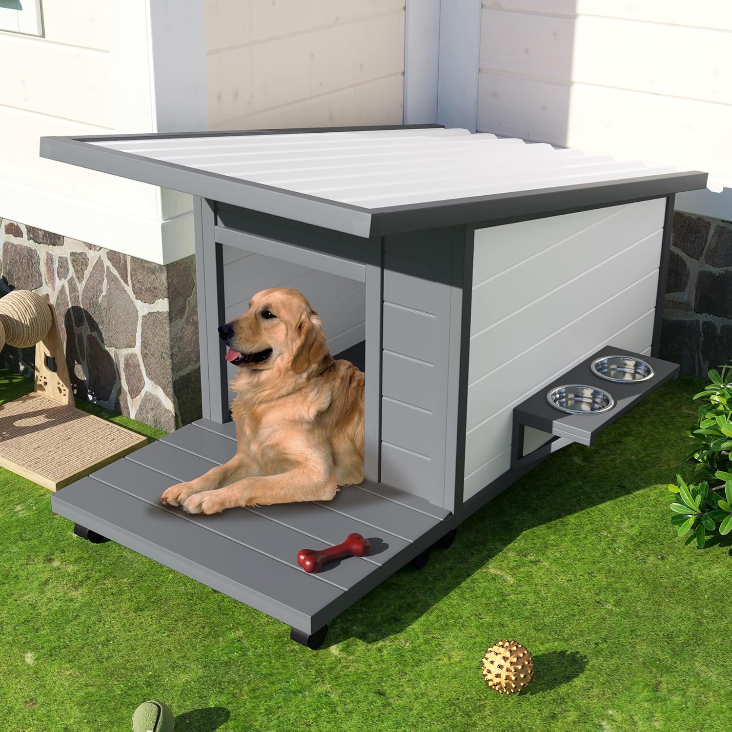 Casa De Perros para Exterior - Wood Dog House Outdoor with 2 Food Bowl, Dog Kennels Outdoor Indoor with 4 Swivel Wheels and Porch for Small/Medium/Large Dog