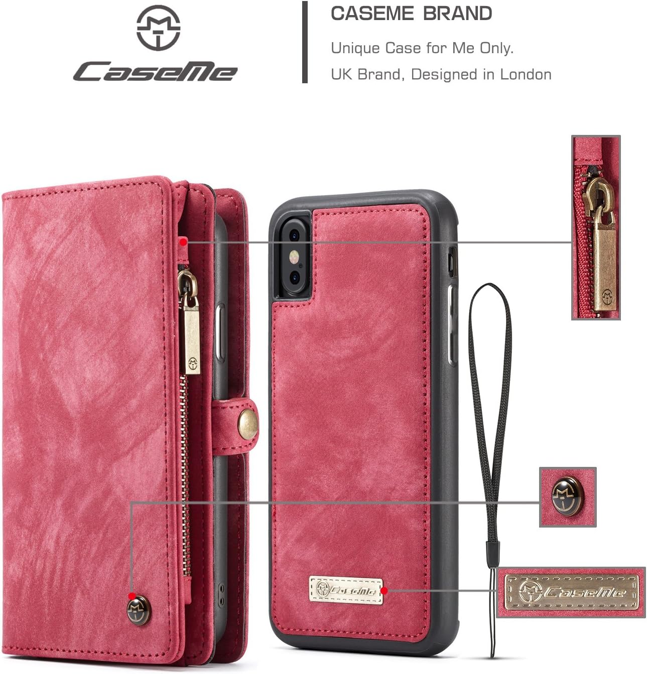 iPhone Xs Max Wallet Case,Zttopo 2 in 1 Leather Zipper Detachable Magnetic 11 Card Slots Card Slots Money Pocket Clutch Cover with Screen Protector for 6.5 Inch iPhone Case -Red