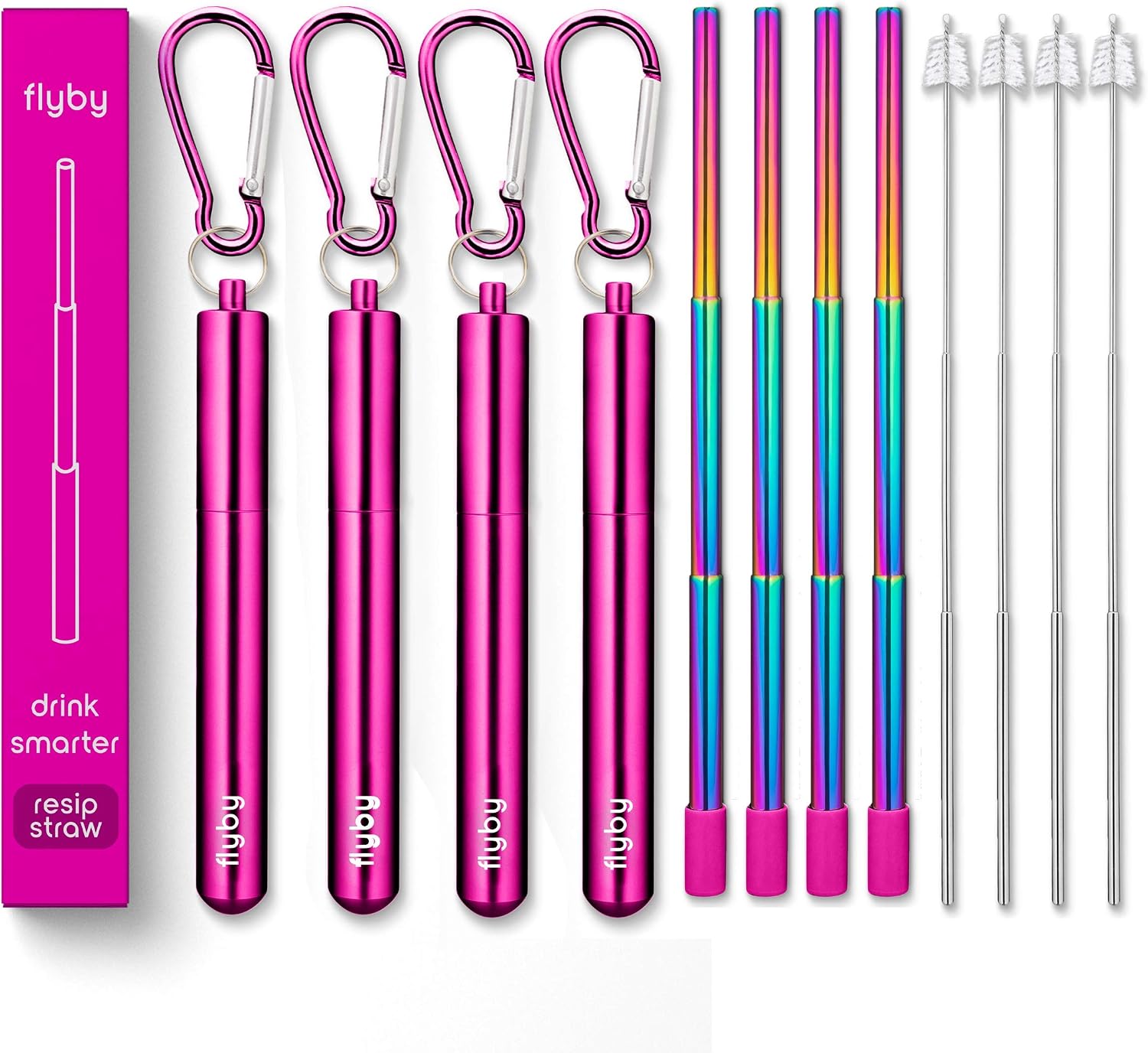 Flyby Portable Reusable Drinking Straws | Collapsible & Foldable Telescopic Stainless Steel Metal Straw Dispenser | Final Aluminum Case, Long Cleaning Brush, Silicone Tip | Hot Pink Rainbow | 4-Pack