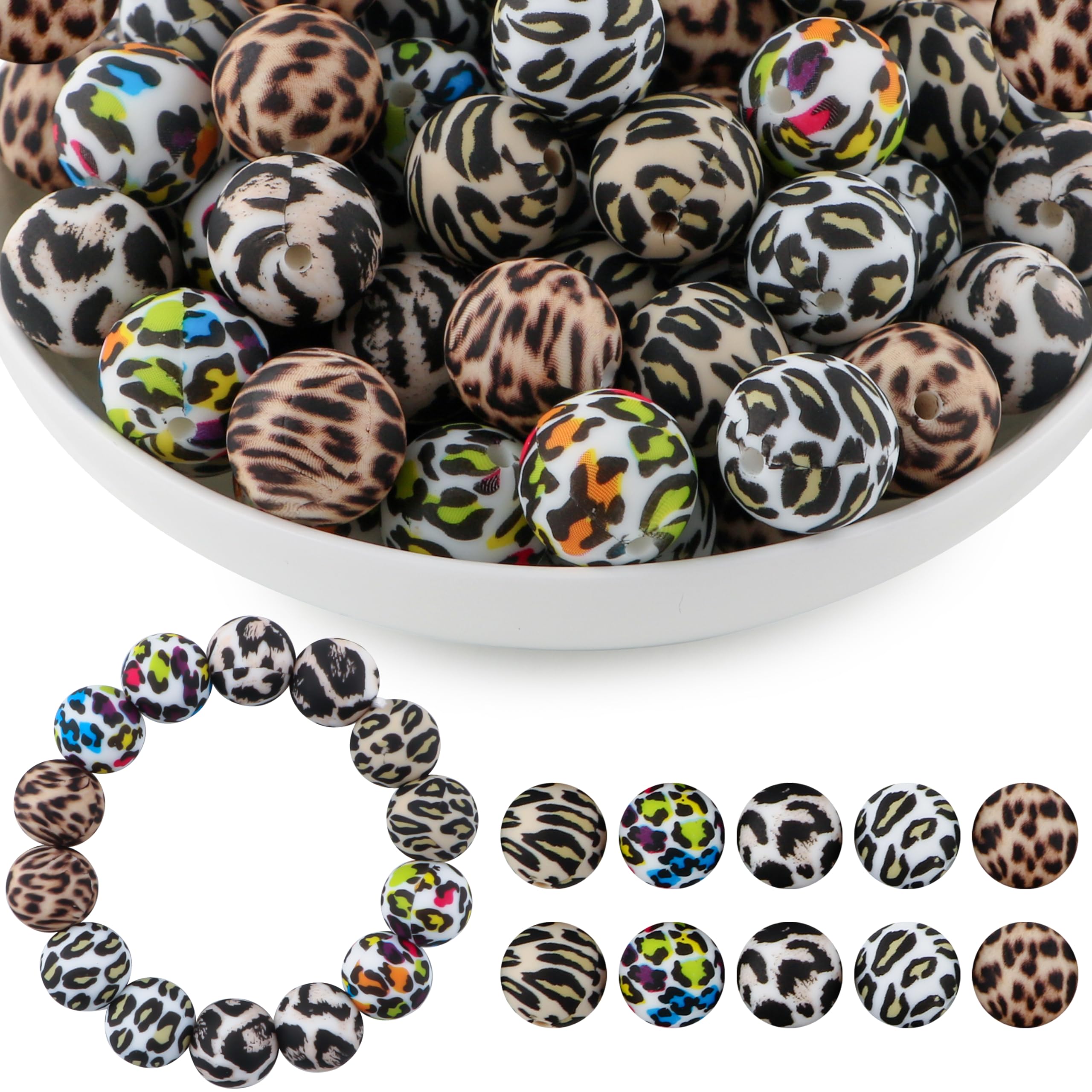 HHCFAST 50Pcs Multicolor Leopard Silicone Beads for Keychain Making, Pattern Print Silicone Beads for Pens Necklace Bracelets Craft