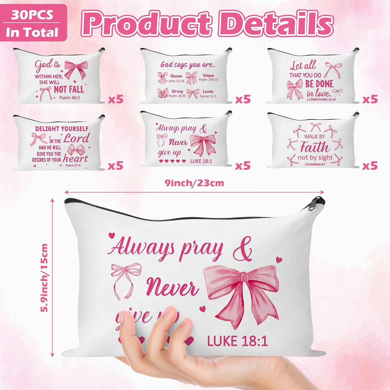 Y1tvei Bow Bible Cosmetic Bags - 30Pcs Pink Coquette Mini Bible Verse Makeup Bag with Zipper, White Canvas Large Capacity Cosmetic Bags Set Gifts Bulk for Women Girls Inspirational Church Party Favors