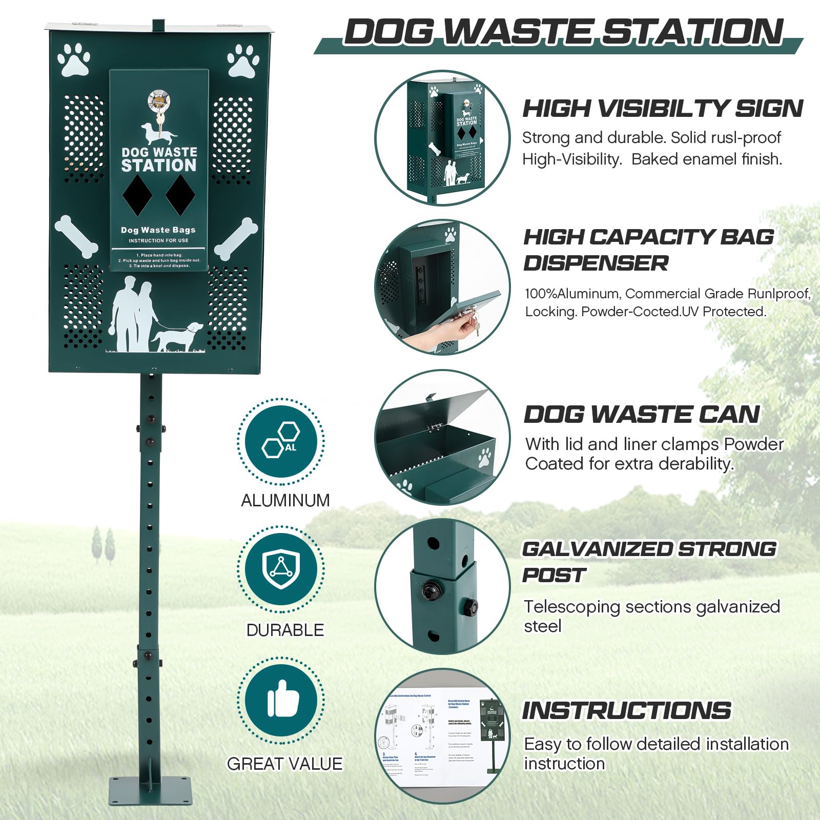 Abbylike Juego de bolsas de basura para excrementos de mascotas y cubo de basura, altura ajustable con letrero reflectante para patio, parque comercial, sendero