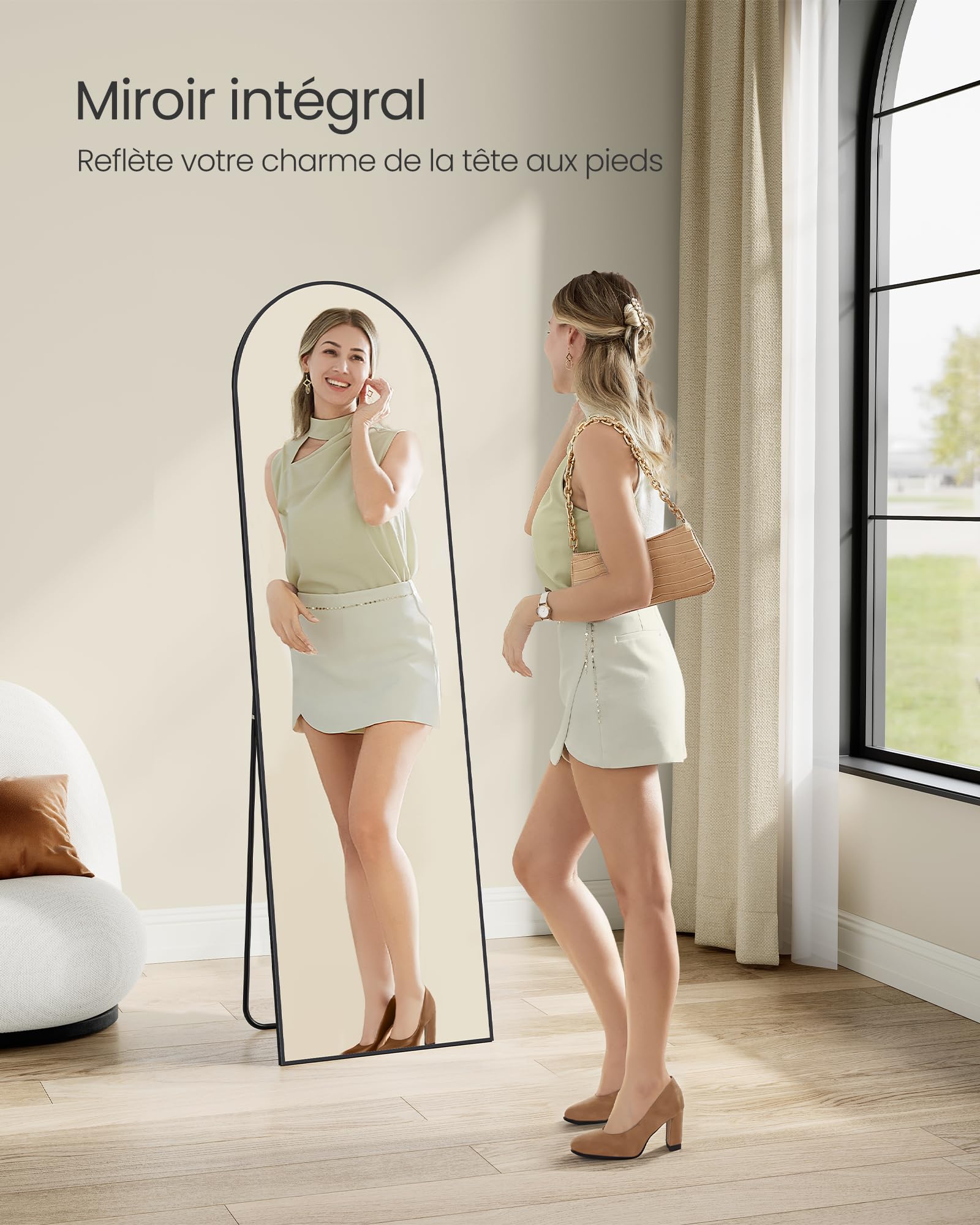 SONGMICS Miroir Intégral, 160 x 50 cm, Miroir Arqué sur Pied, à Poser au Sol, Cadre en Alliage d’Aluminium, Verre Trempé, pour Chambre, Salon, Dressing, Noir d'encre LFM031B01