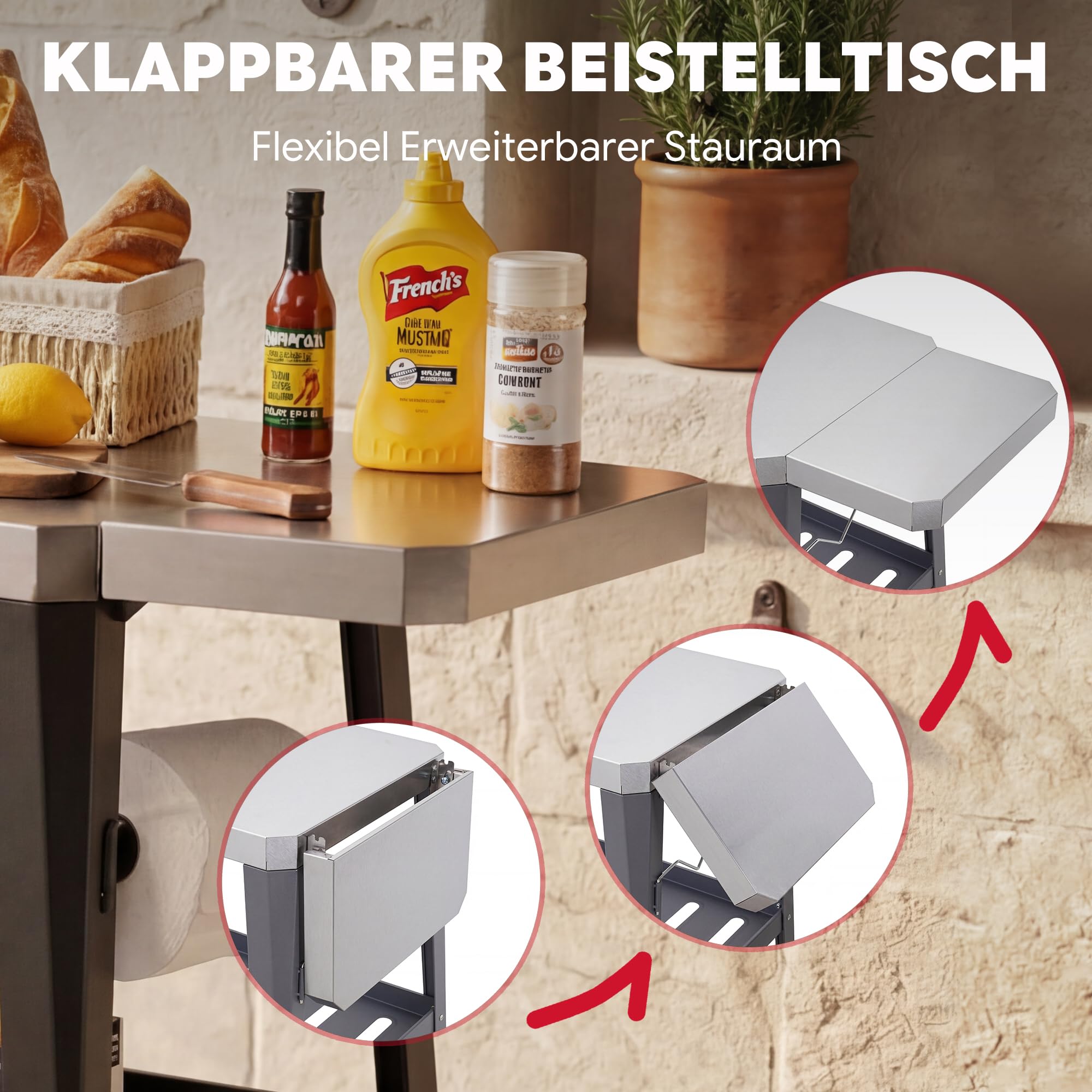 Feasto Grillwagen mit Klappbarem Beistelltisch, 95x67x80cm, grau