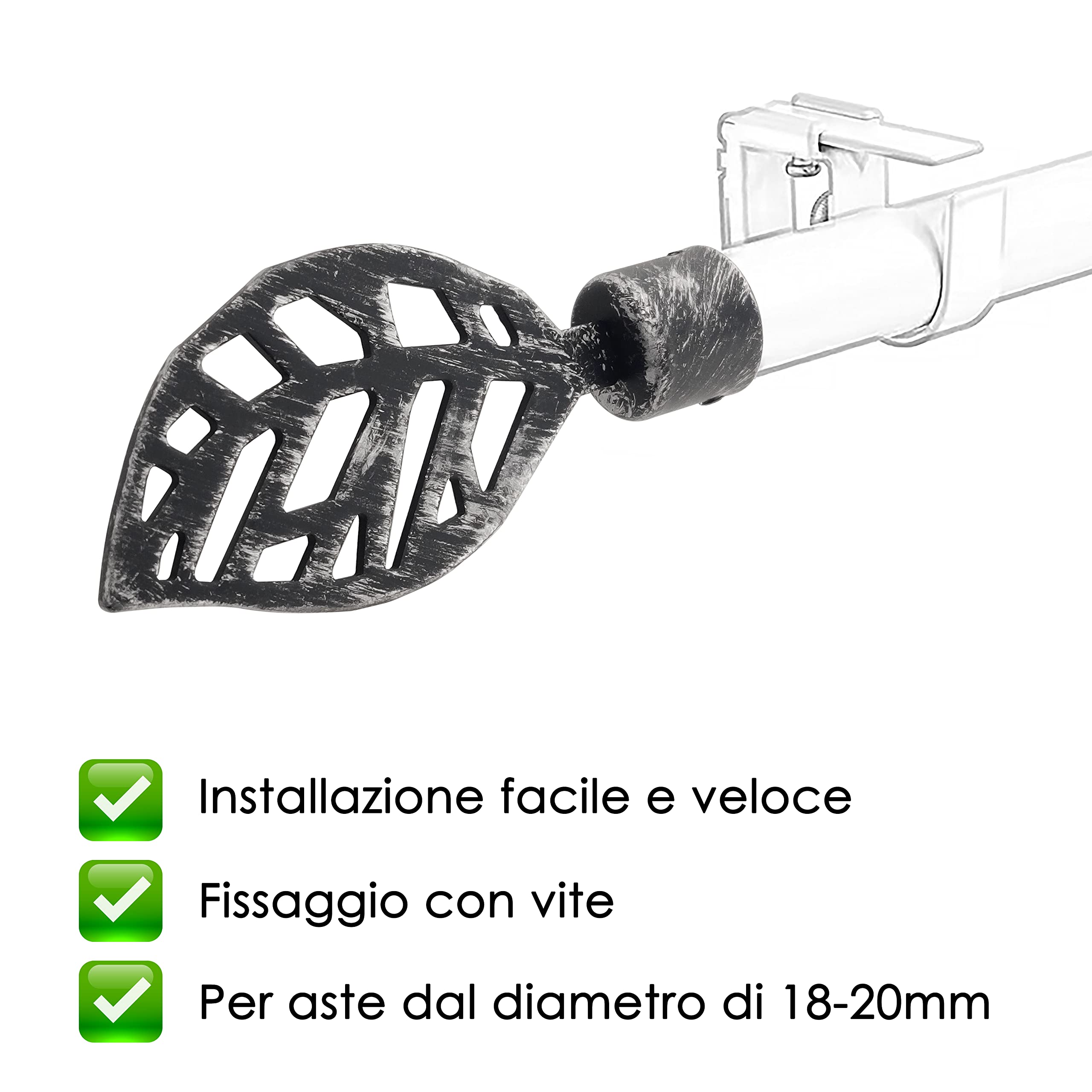 Terminali A Foglia Per Asta Tenda GIRASOLE HOME - 2 Pezzi In Ferro, Per Diametro 18-20 Mm, Nero/Argento - Foto 4