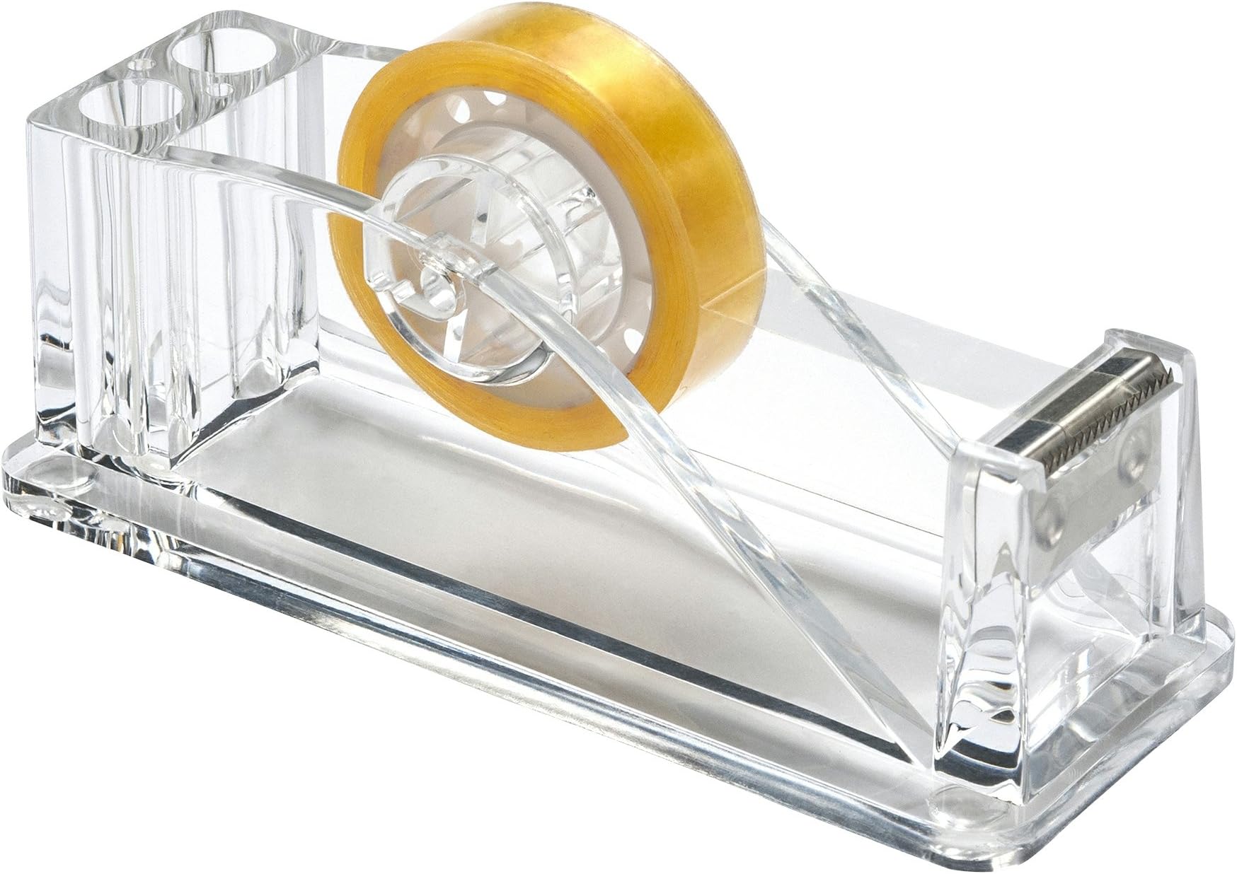 Clear Acrylic Tape Dispenser with Clear Adhesive Tape & Built-in 2 Pen Slots, Stylish Heavy-Duty Desk Accessory for Home Office, Modern Workstation, Single
