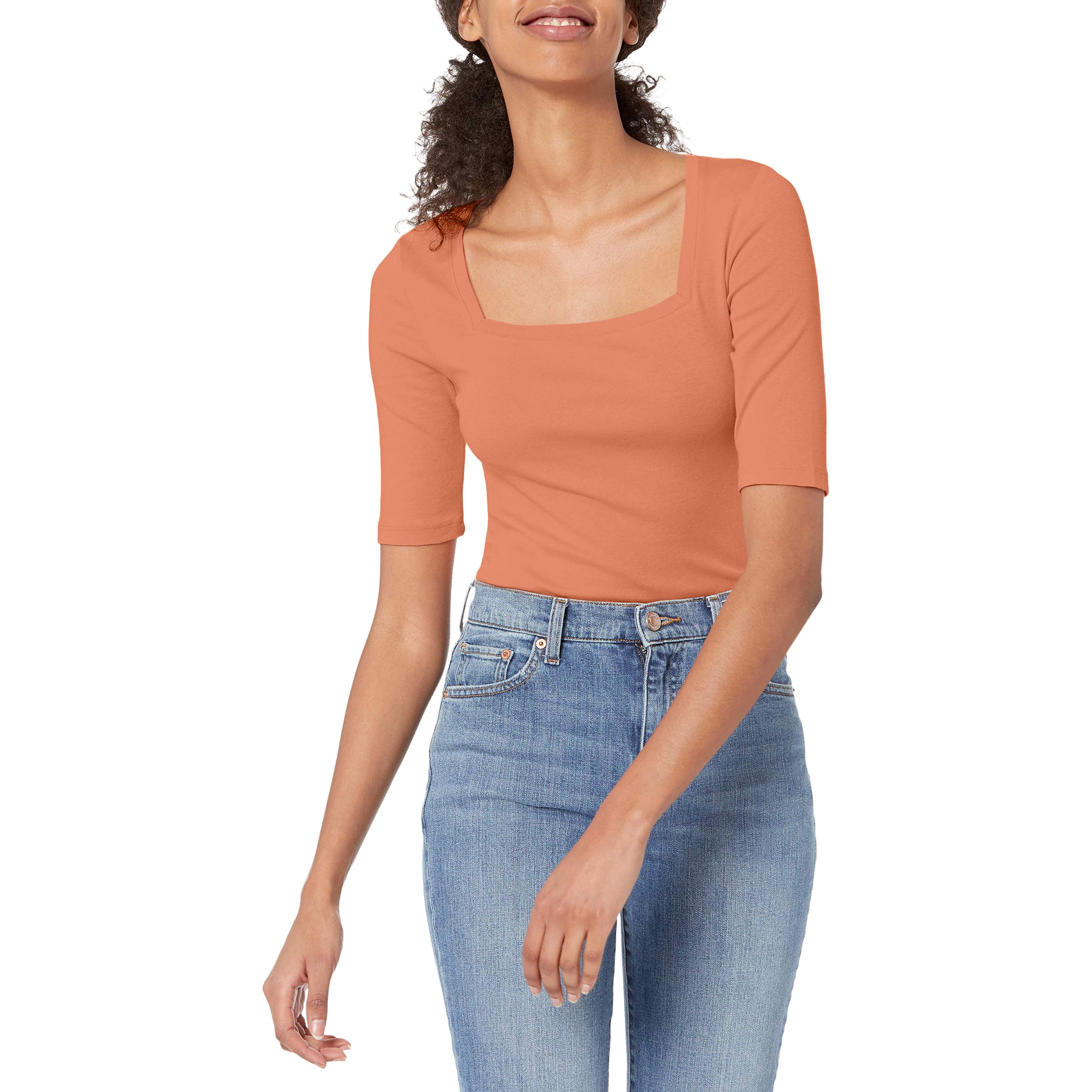 Amazon Essentials Damen Halbarm-T-Shirt mit eckigem Ausschnitt in schmaler Passform, Korallenorange, XL