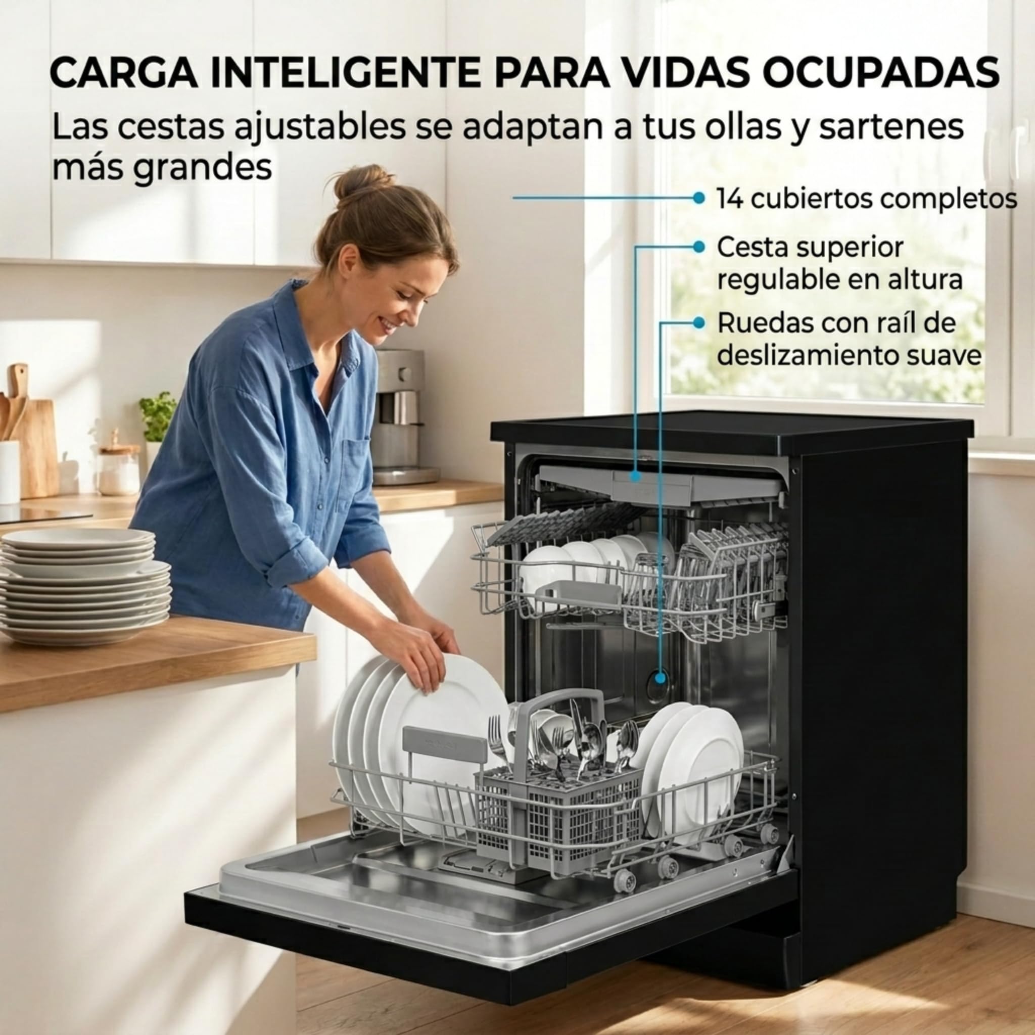 Exquisit® Lavavajillas 60cm Negro Libre Instalación 14 Servicios Clase D | 4 programas de lavado, inicio diferido, bajo consumo y funcionamiento silencioso para uso diario