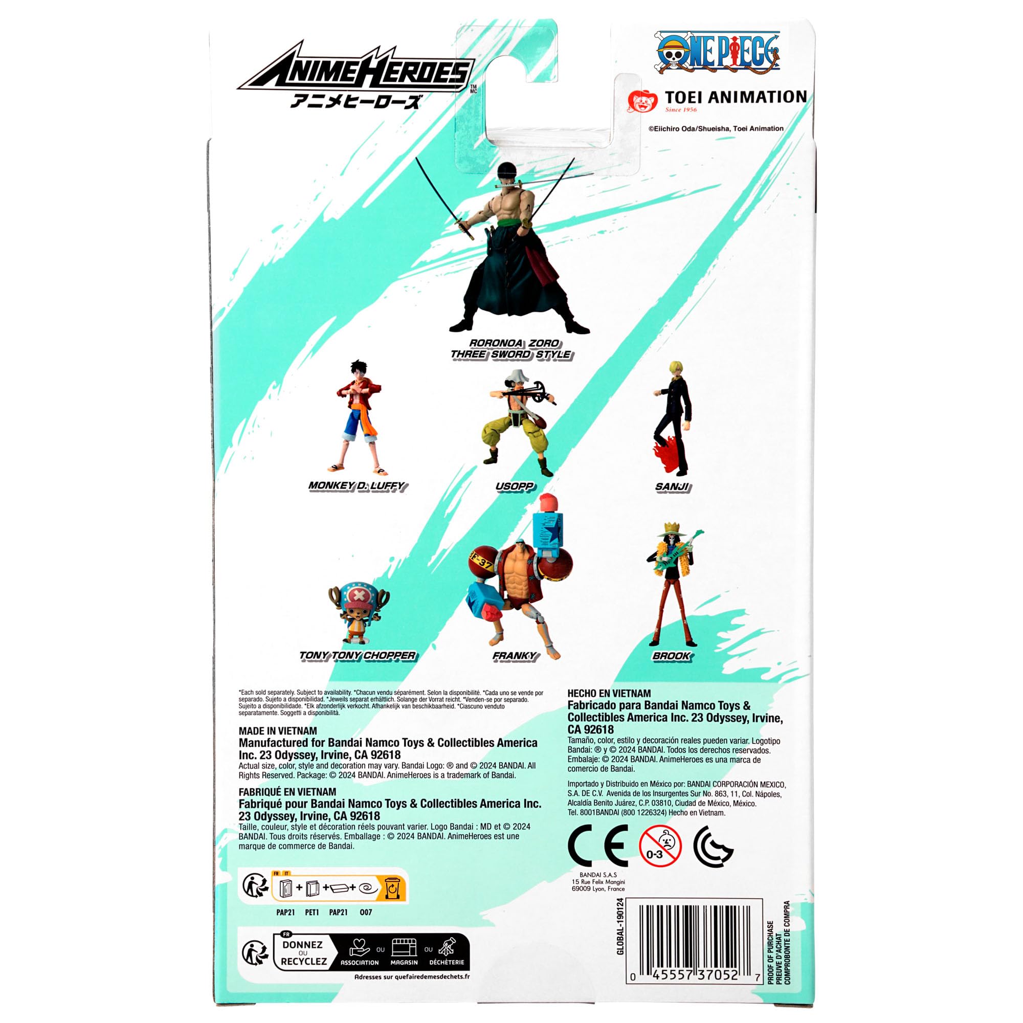 Bandai - Anime Heroes - Action Figure One Piece - Roronoa Zoro 17 cm Three Sword Style - Licencia Oficial One Piece - Figura de acción articulada Zoro 3 Espadas - Juguete para niños a partir de 4 años