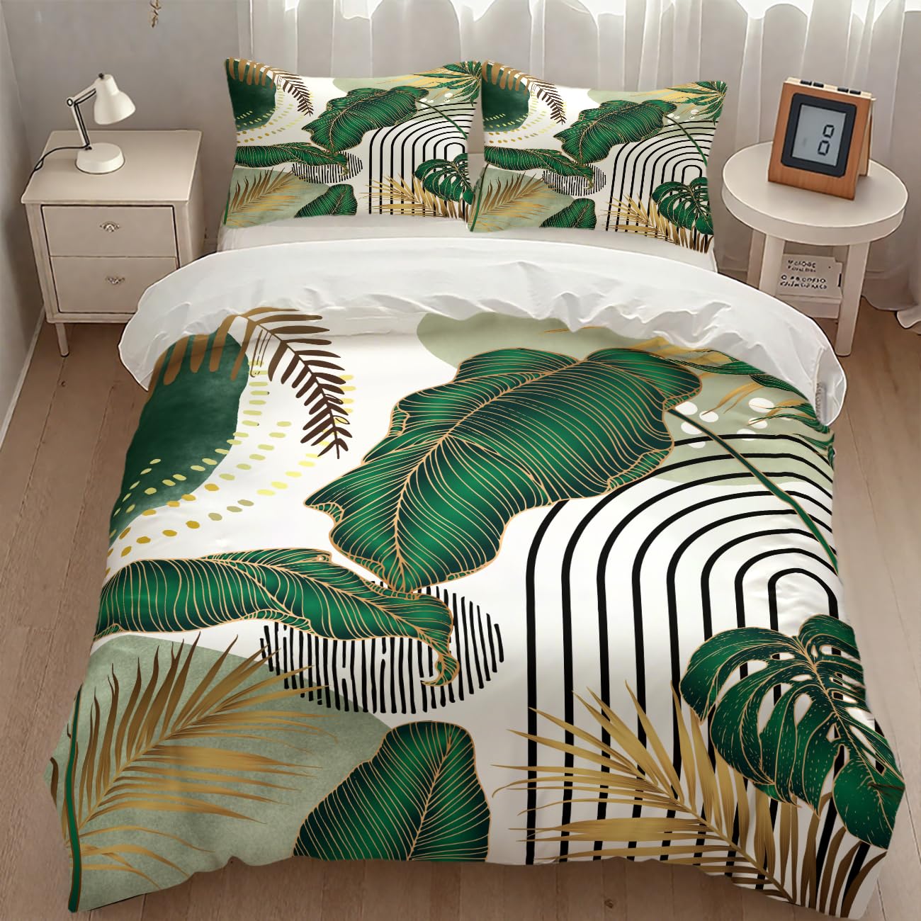 Boho Bedding Set,Modern Abstract Tropical Monstera Palm Leaf Plant Minimalist Spring Summer Bohemian Mid Century Comforter Set with Pillowcase for Bedroom Bed Decor,King 102"x90"