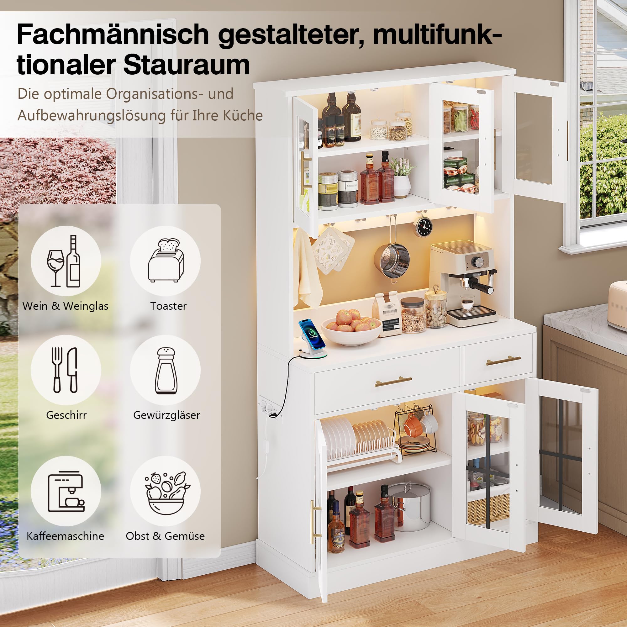 Küchen-Anrichte Weiß mit LED, Steckdose, 6 Türen & 2 Schubladen, 180x100cm