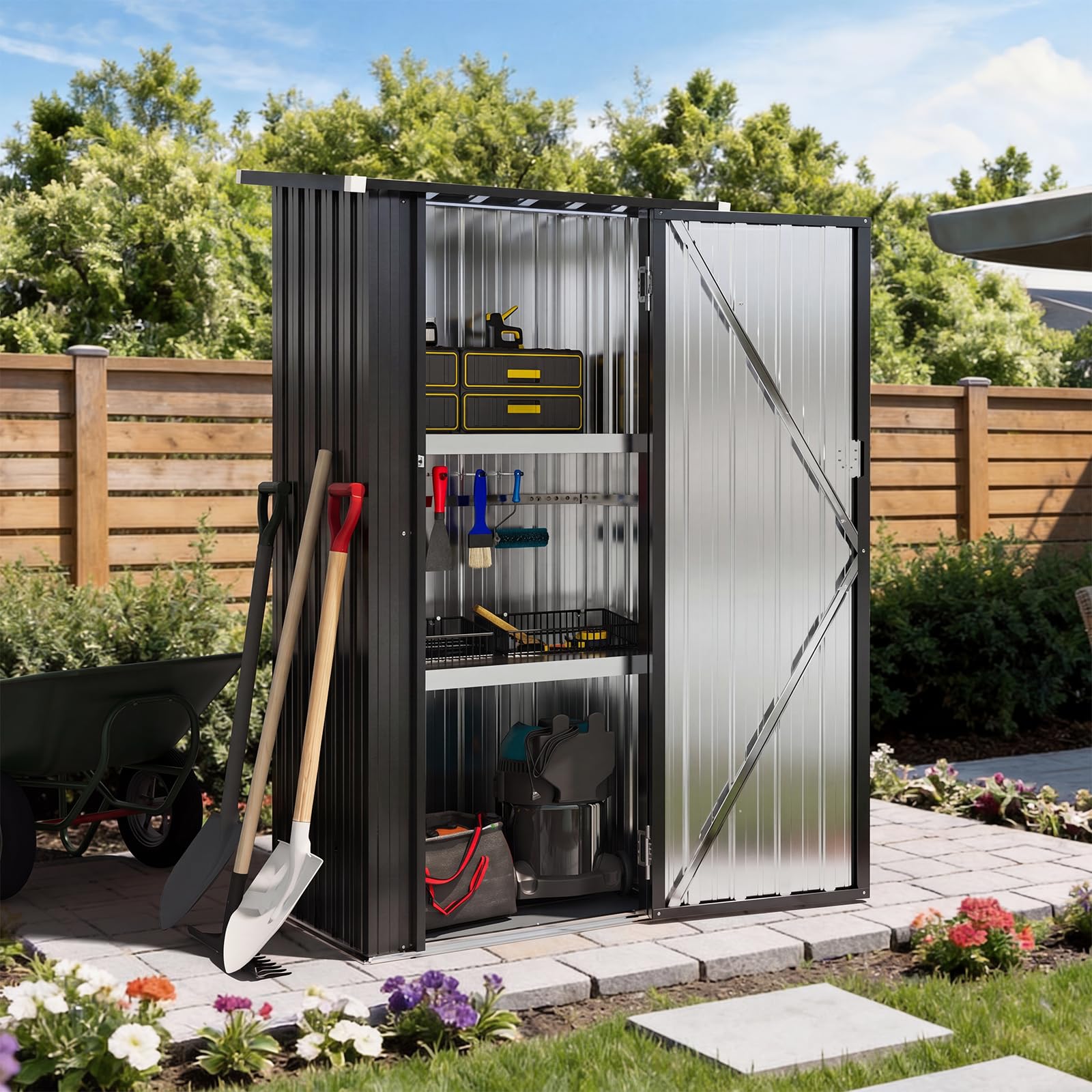 Aoxun 3’x2’ Metal Garden Storage Shed with Floor and 2 Adjustable Shelves, Lockable Small Tool Storage Cabinet for Patio, Backyard and Outdoor Organization, Black