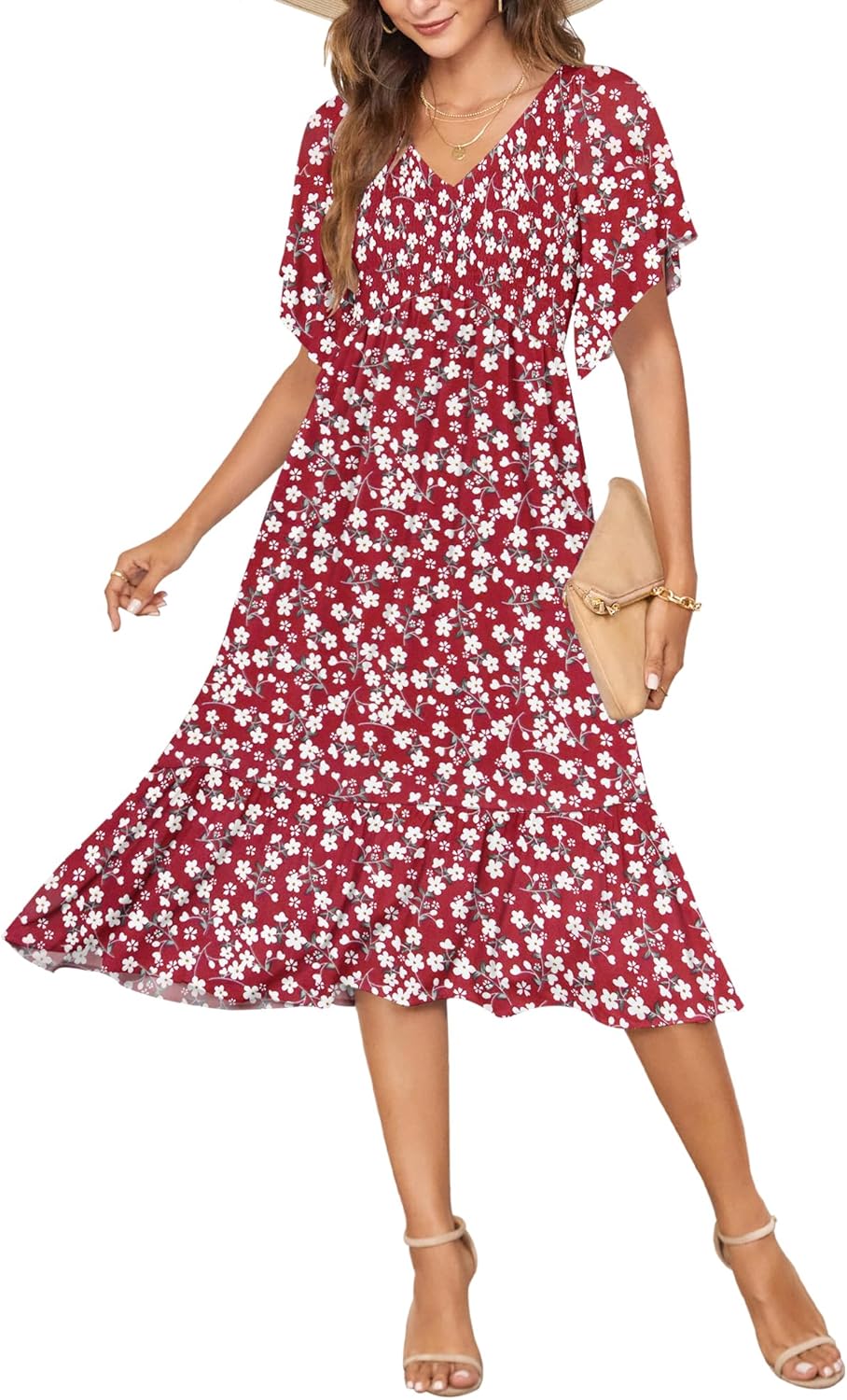 AUSELILY Women's Summer Empire Waist Dress Smocked Flutter Short Sleeve V Neck Midi Dresses 2025 New