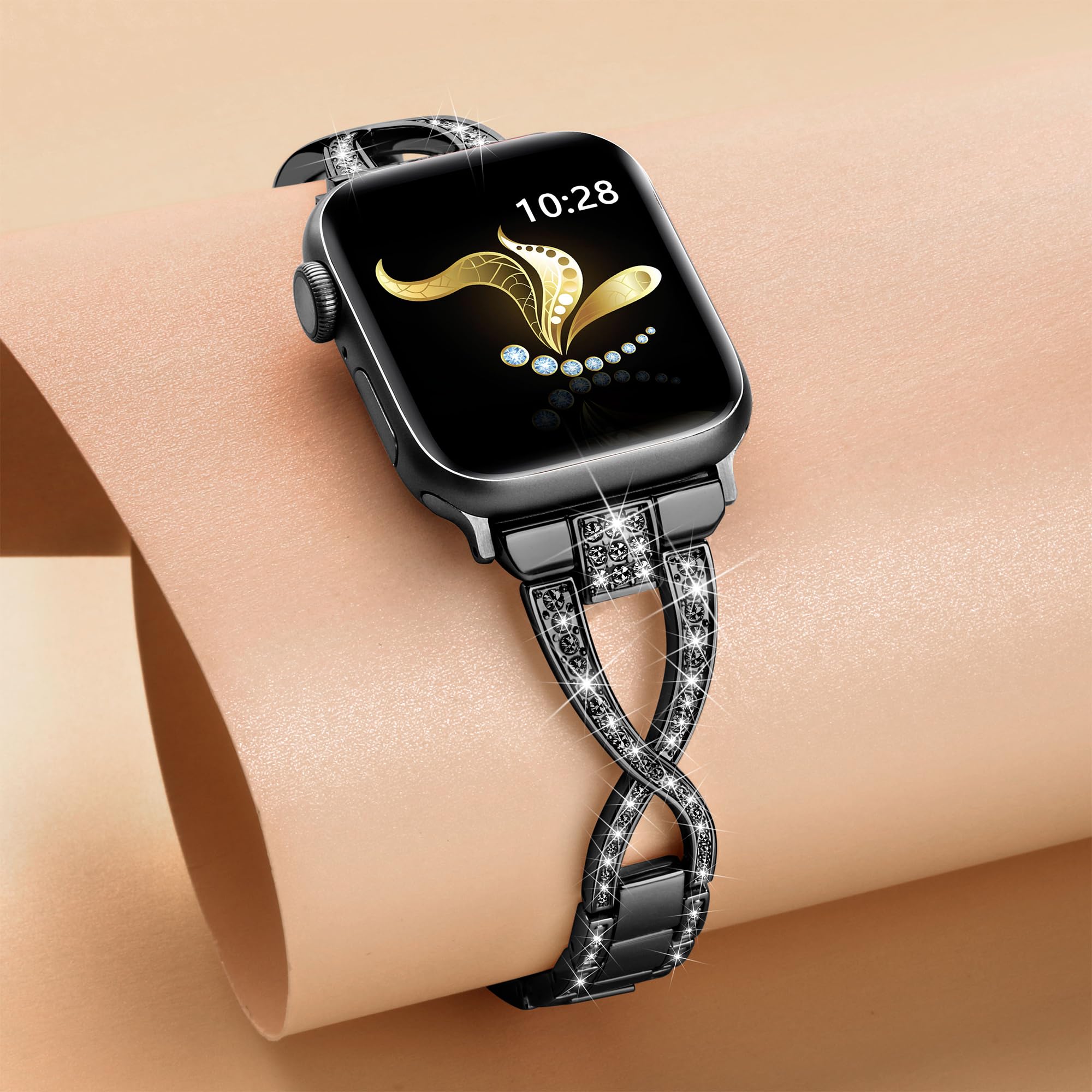 Compatible con Apple Watch pulsera de 46 mm, 45 mm, 44 mm, 42 mm, 49 mm, elegante pulsera de metal Bling iWatch para Apple Watch SE Series 10 9 8 7 6 5 4 3 Ultra 2/1, banda brillante para mujer