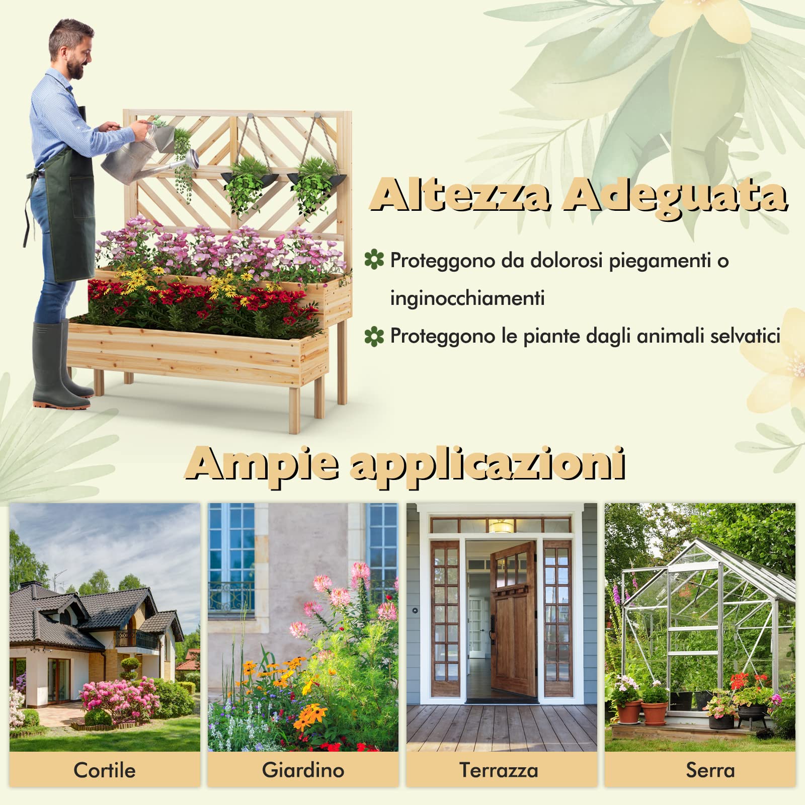 COSTWAY Fioriera da Giardino a 2 Livelli con Traliccio, Letto Rialzatto con Gambe in Legno, Foro di Drenaggio, Fioriera da Interno ed Esterno per Frutta, Verdura, Fiori ed Erbe Rampicanti (Legno)