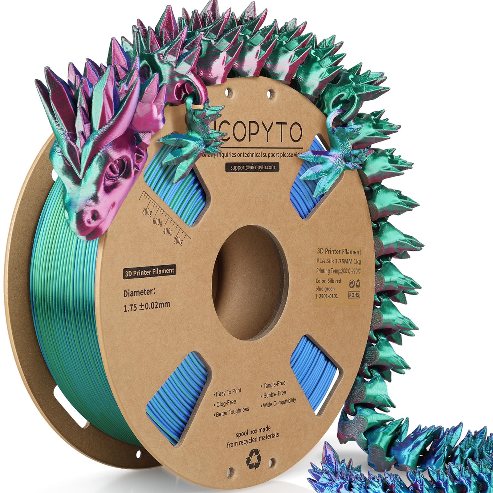 3D Printer Silk PLA Filament 1.75mm, Shiny Triple Color Red Blue Green, Dimensional Accuracy +/- 0.02 mm, 1KG (2.1lbs)/Spool Easy to Print for Most FDM 3D Printers