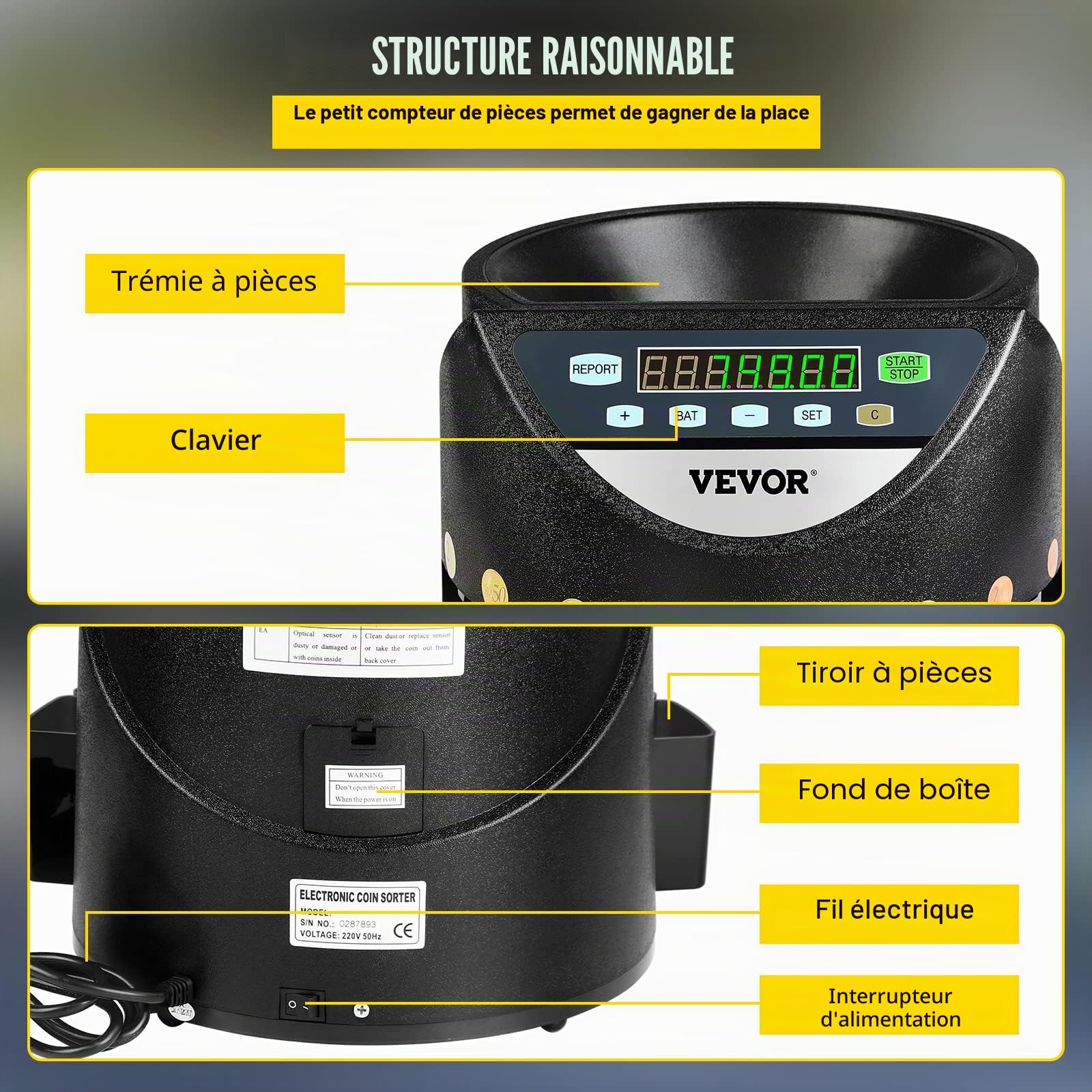 VEVOR Trieur de Pièces d'Argent 220 V 50 Hz 300 pièces/min 8 Boîtes de Collecte