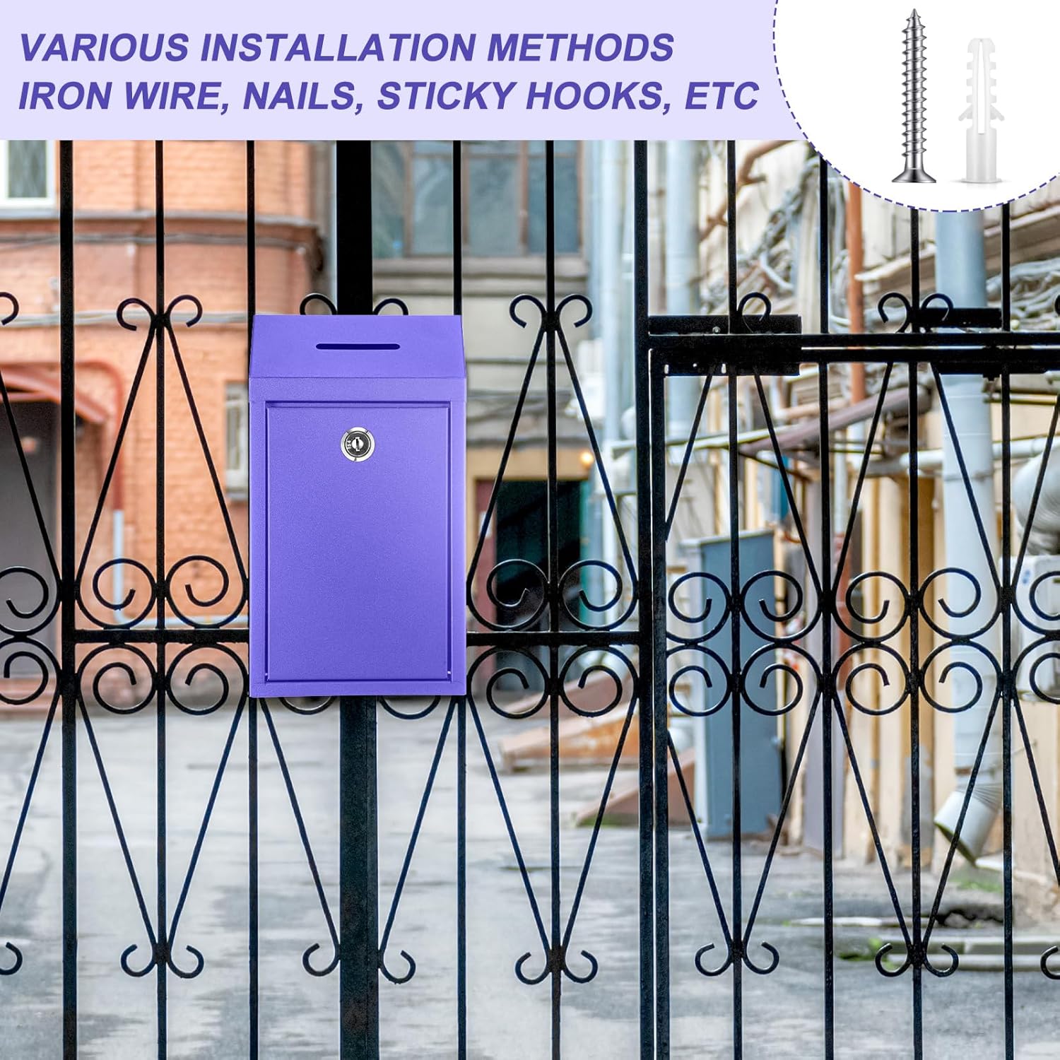 Yaocom Metal Money Drop Donation Cash Box for Farm Stand Collection Safe Suggestion Box with Lock Wall Mounted Mailbox Container for Home Office Outdoor(Purple,10.24 x 5.71 x 2.95 Inch)