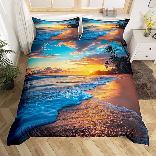 Miniatura 5 de Funda de edredón de playa completa, juego de ropa de cama del océano para niños, niñas y niños, funda de edredón hawaiana con olas marinas, edredón