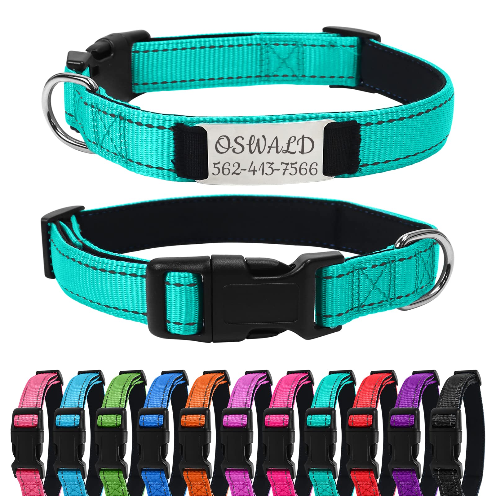 Uiopa Reflective Dog Collar with Name Plate, Personalised Dog Collars with Name & Phone Number, Adjustable Dog Collar for Small Medium Large Dogs, Large Dog Collar Mint Green