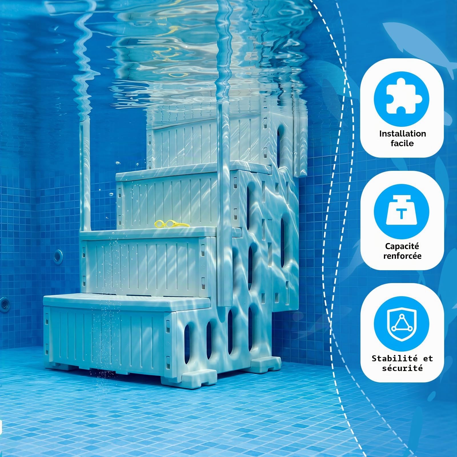 Yuntau Échelle de piscine 4 marches avec doubles mains courantes, échelle de piscine robuste antidérapante à larges marches, capacité de charge maximale jusqu’à 136 kg pour système d’entrée et de