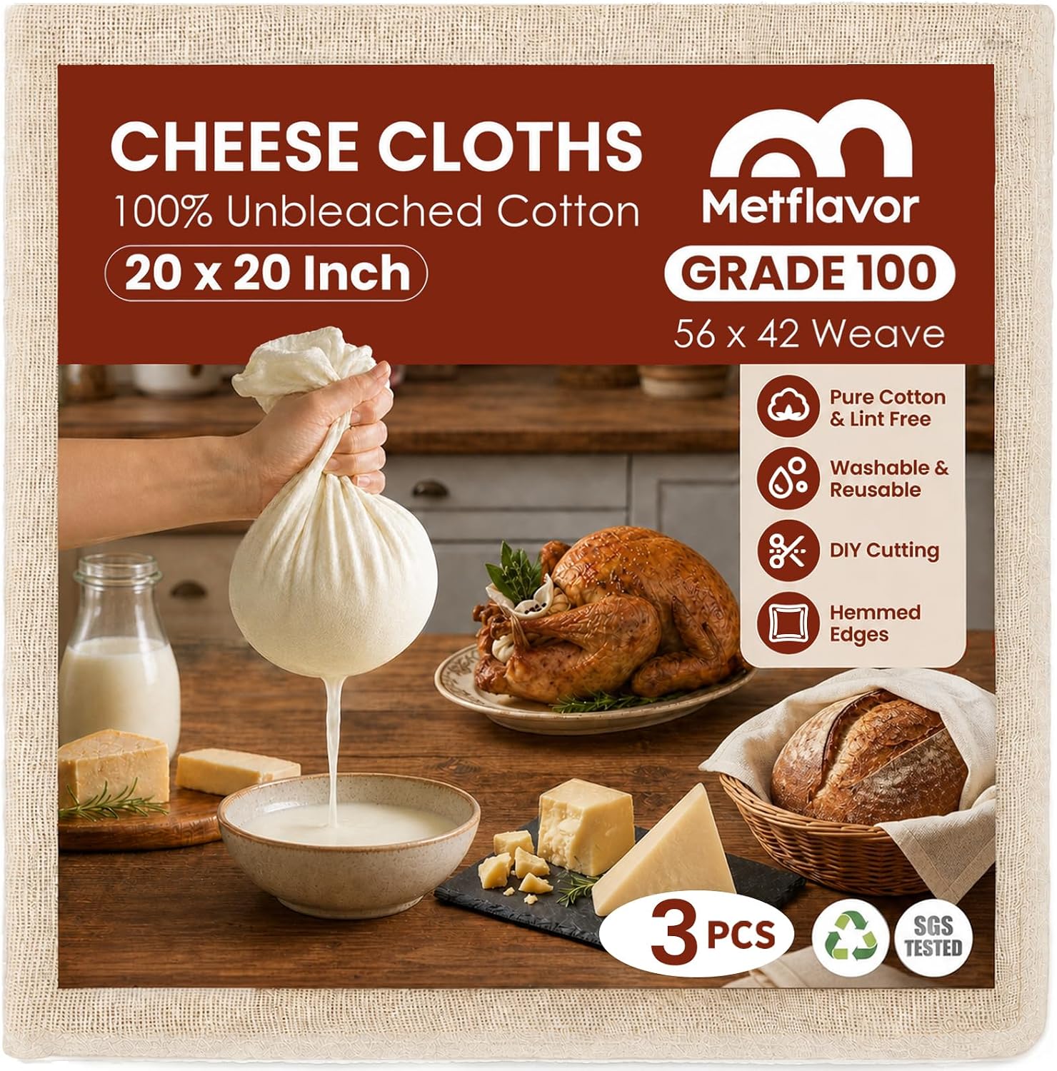3Pcs Reusable Cheese Cloths for Straining 20x20 Inch Hemmed Edges